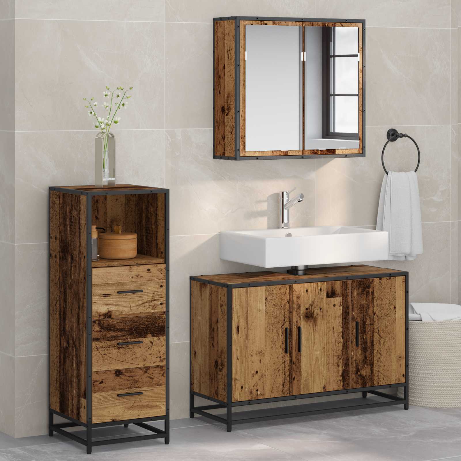 Badezimmermöbel-Set mit Schubladen 3 pcs Altholz Holzwerkstoff
