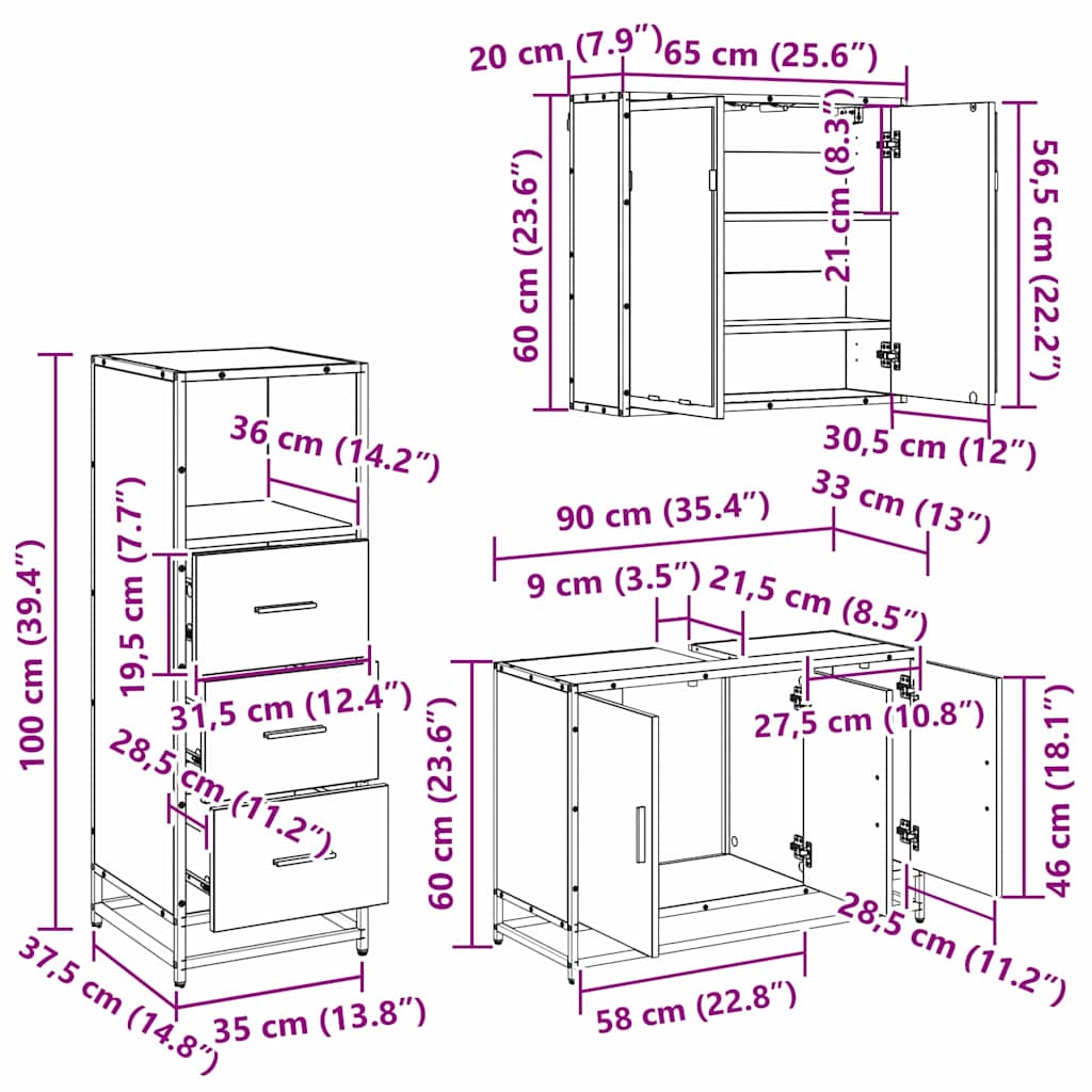 Badezimmermöbel-Set mit Schubladen 3 pcs Altholz Holzwerkstoff