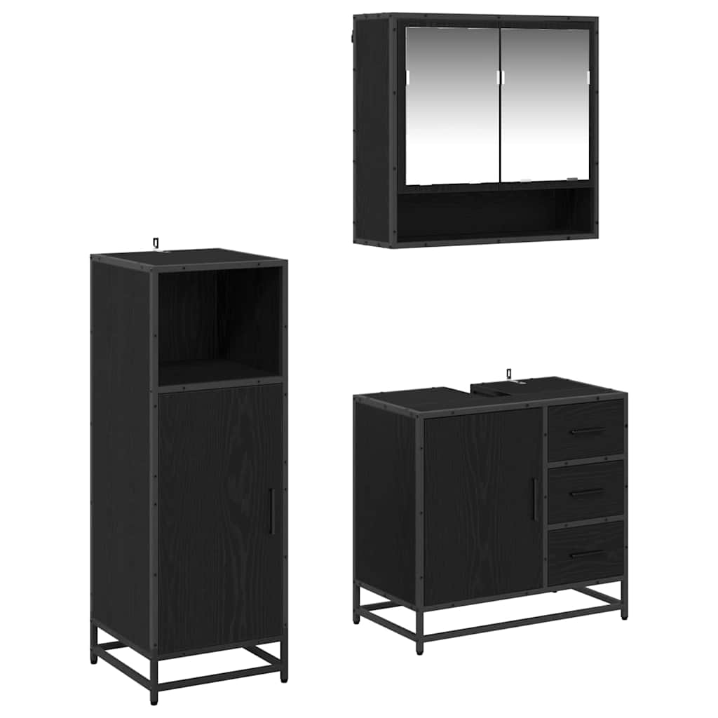 Badezimmermöbel-Set 3 pcs Schwarz Eichen-Optik Holzwerkstoff