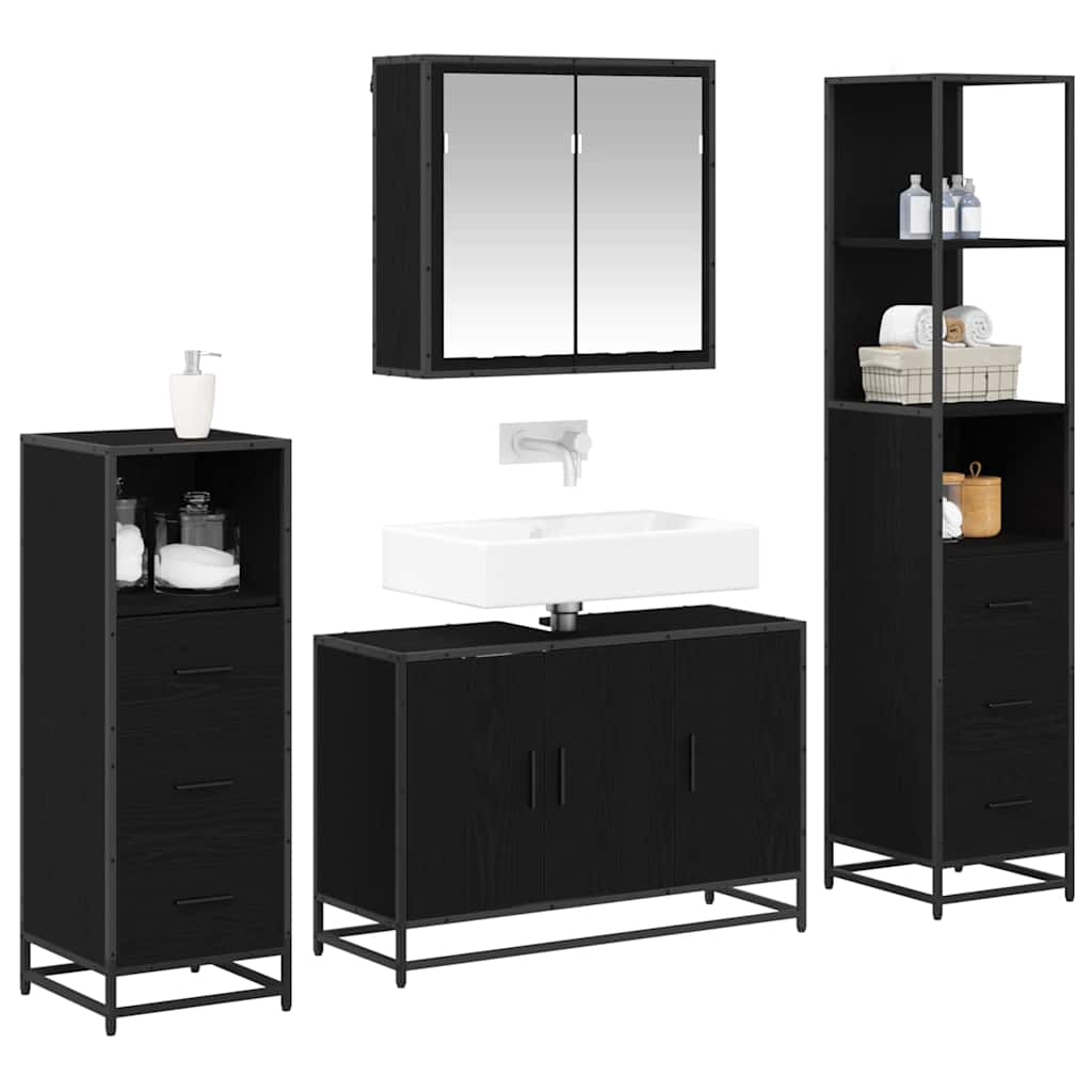 Badezimmermöbel-Set 4 pcs Schwarz Eichen-Optik Holzwerkstoff