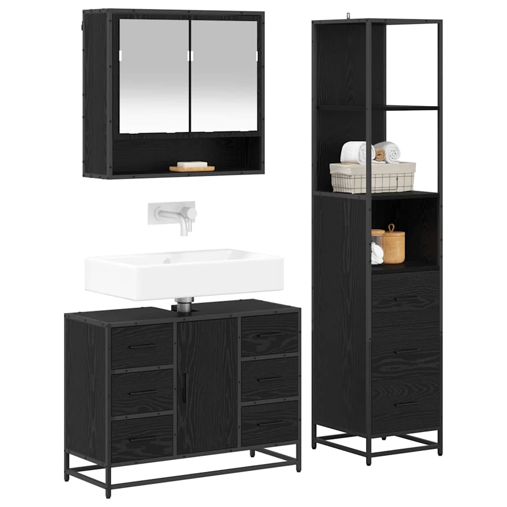 Badezimmermöbel-Set 3 pcs Schwarz Eichen-Optik Holzwerkstoff