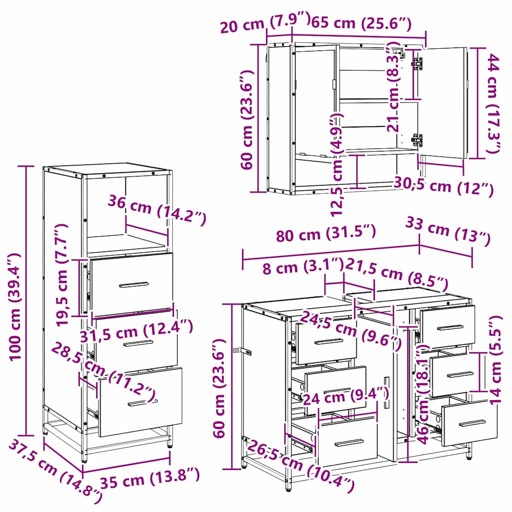 Badezimmermöbel-Set mit Schubladen 3 pcs Altholz Holzwerkstoff