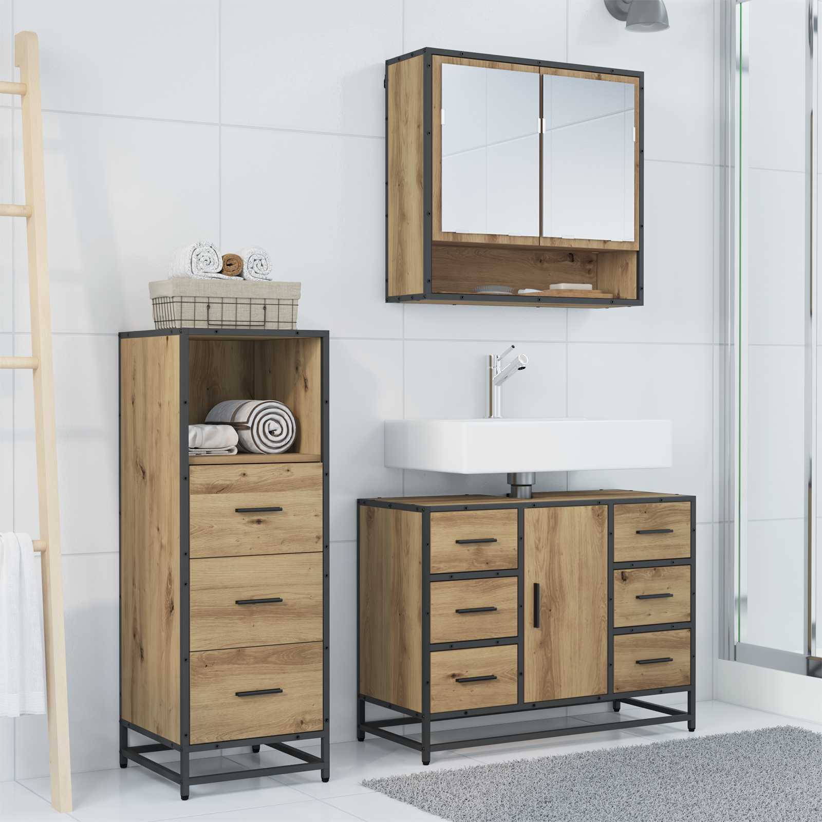 Badezimmermöbel-Set mit Regal 3 pcs Artisan-Eiche Holzwerkstoff