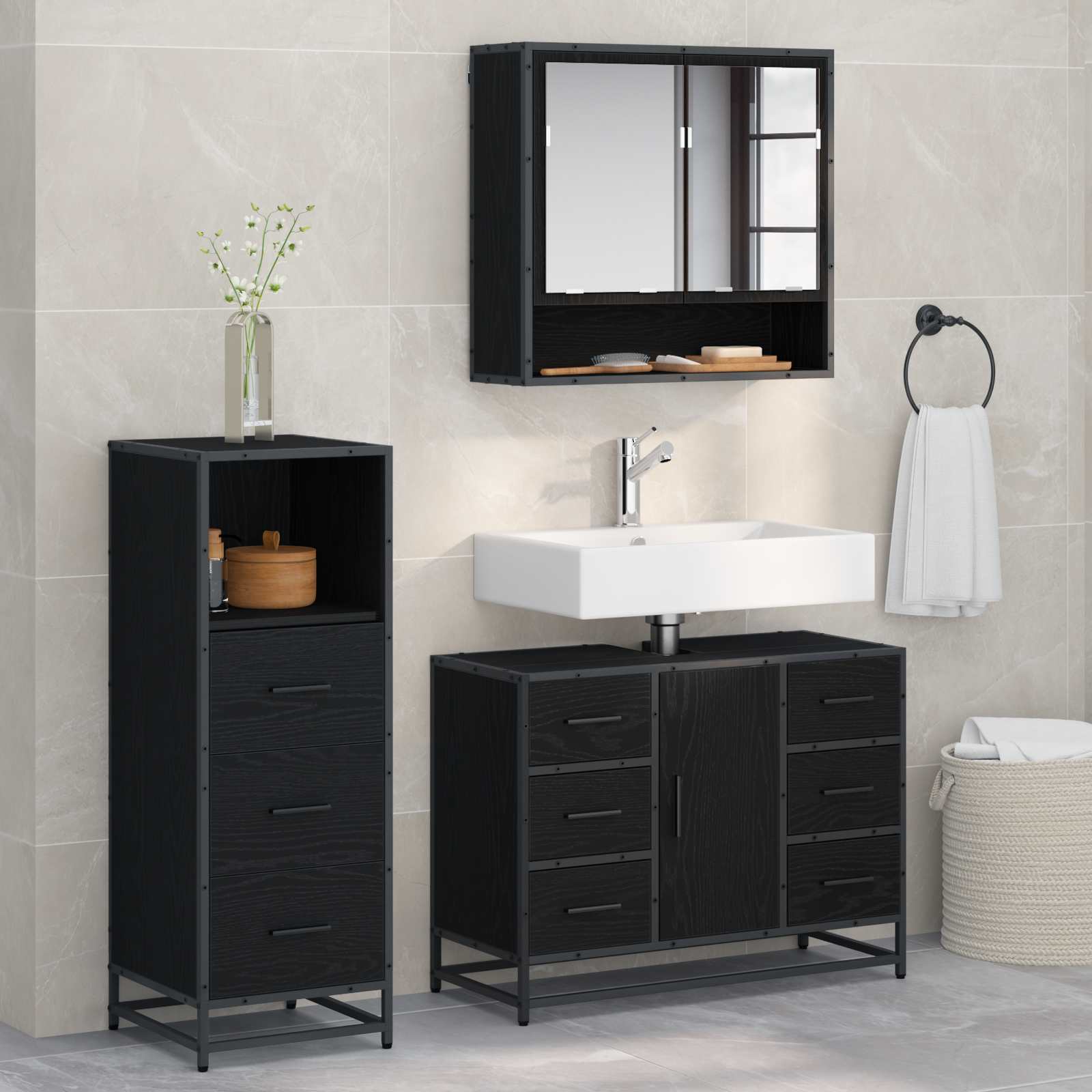 Badezimmermöbel-Set 3 pcs Schwarz Eichen-Optik Holzwerkstoff