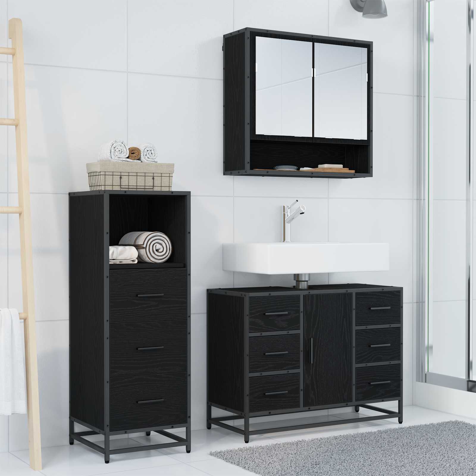 Badezimmermöbel-Set 3 pcs Schwarz Eichen-Optik Holzwerkstoff