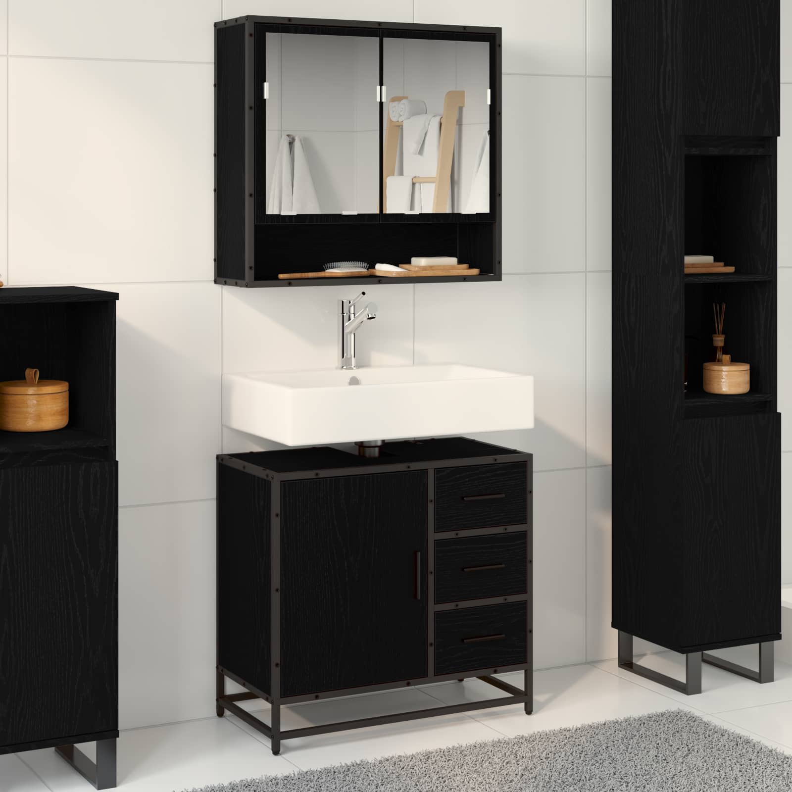 Badezimmermöbel-Set 2 pcs Schwarz Eichen-Optik Holzwerkstoff