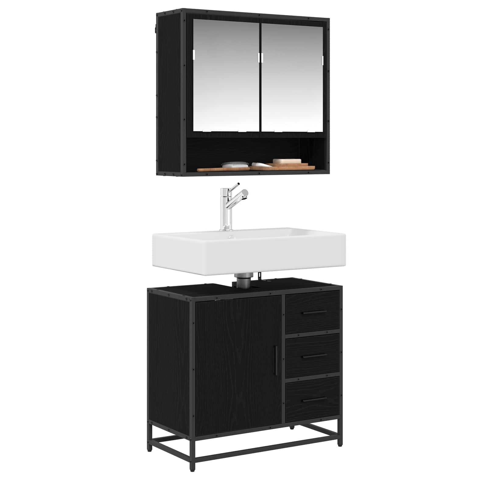 Badezimmermöbel-Set 2 pcs Schwarz Eichen-Optik Holzwerkstoff