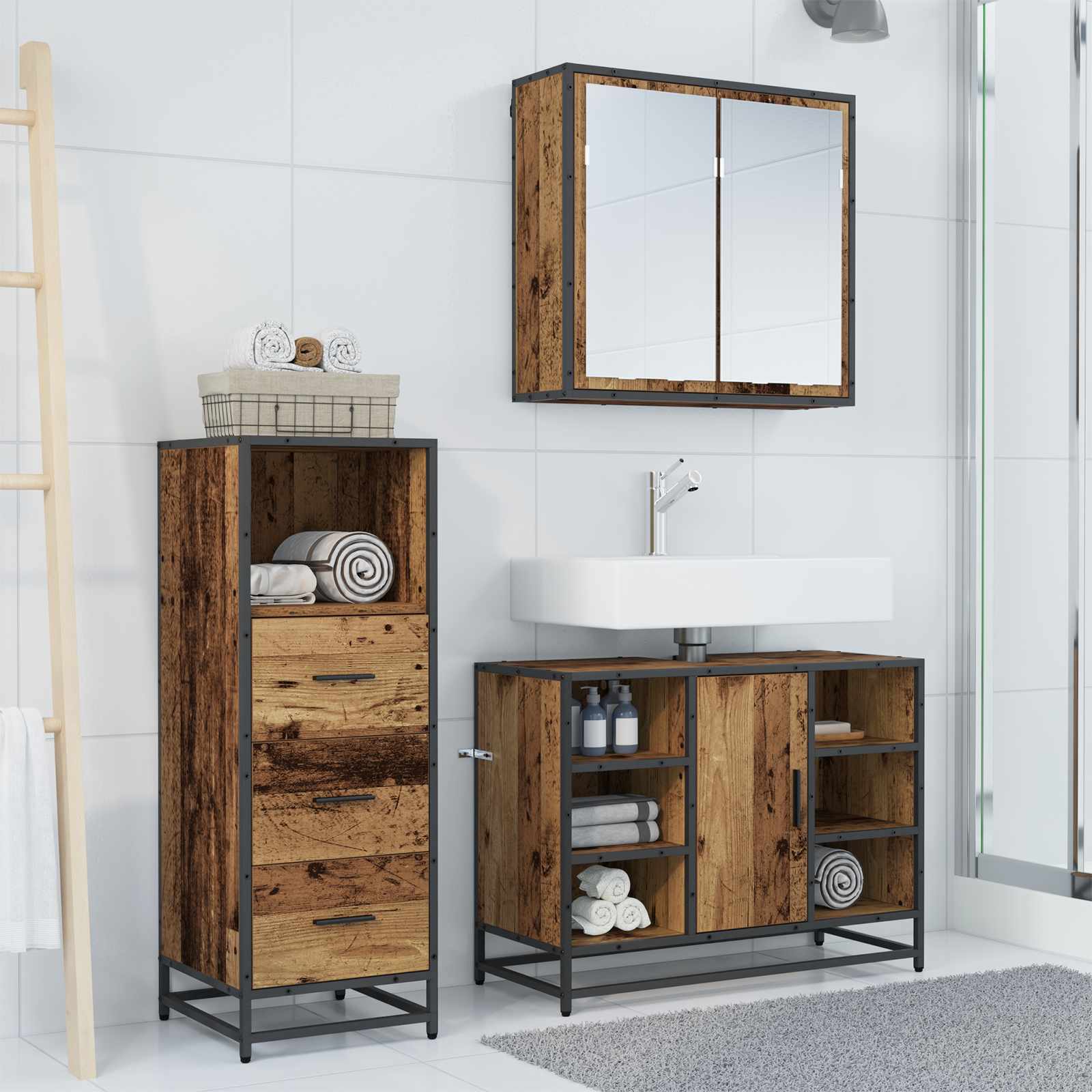 Badezimmermöbel-Set mit Schubladen 3 pcs Altholz Holzwerkstoff
