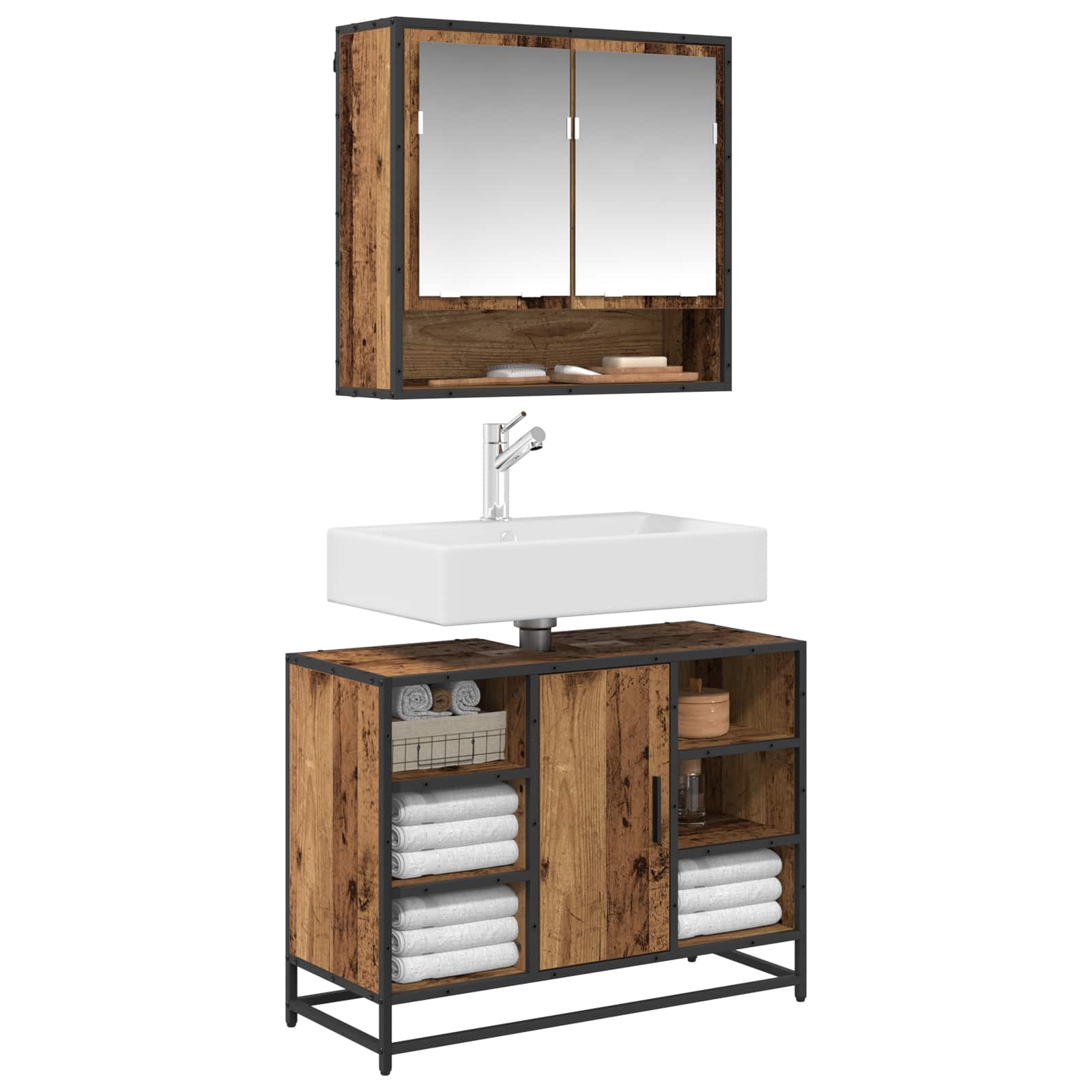 Badezimmermöbel-Set mit Regal 2 pcs Altholz Holzwerkstoff