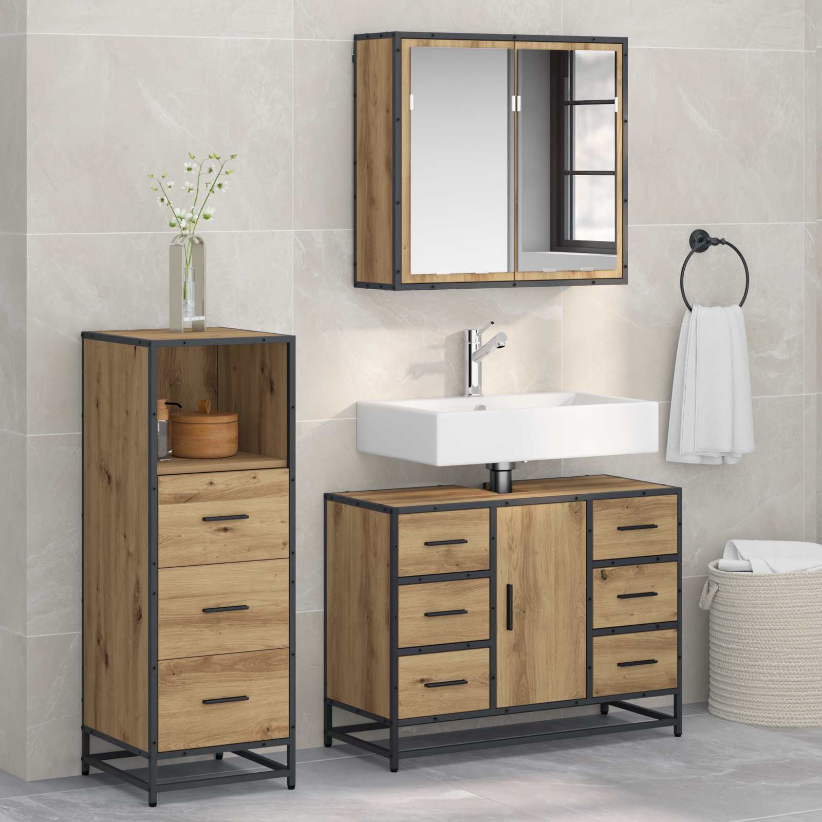 Badezimmermöbel-Set mit Regal 3 pcs Artisan-Eiche Holzwerkstoff