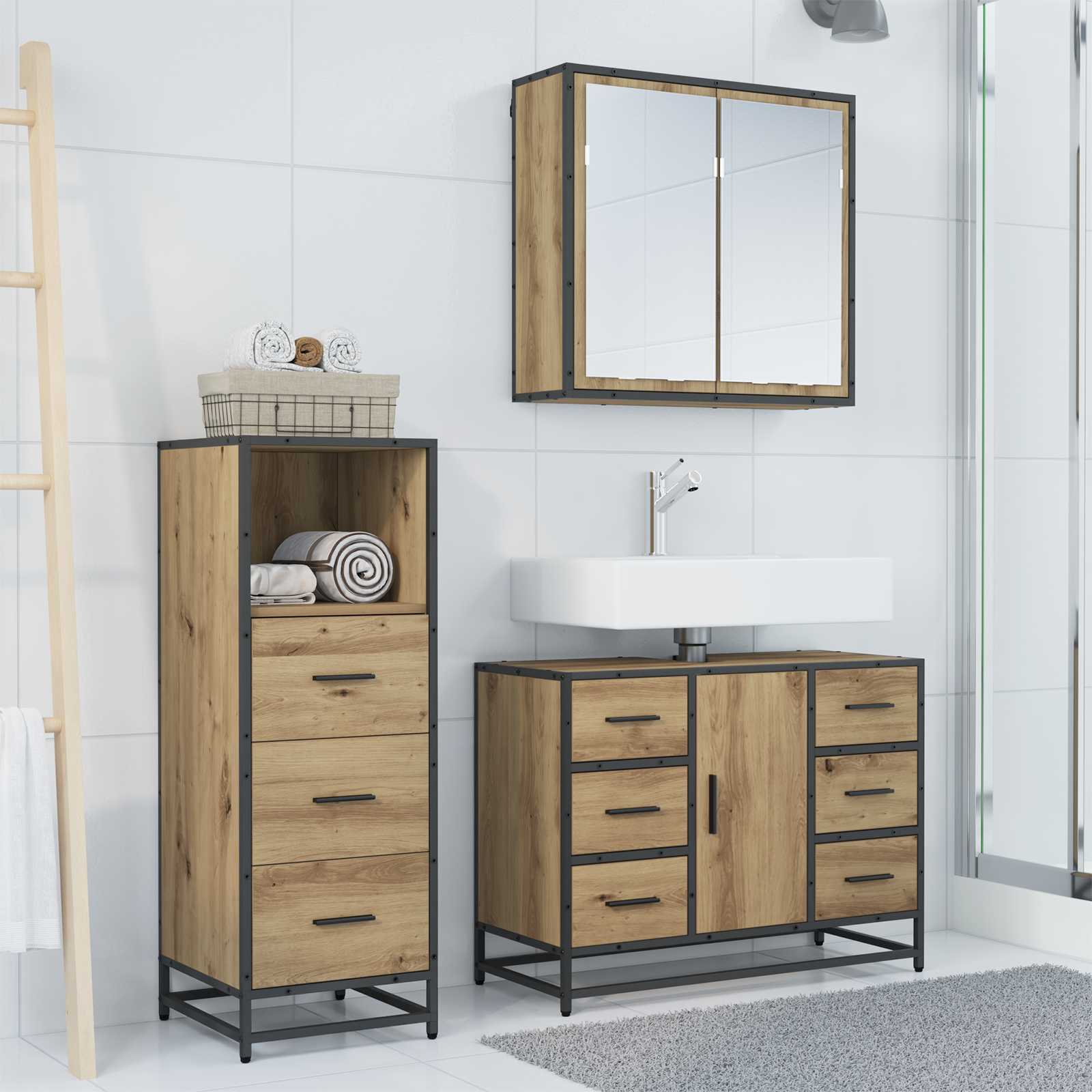 Badezimmermöbel-Set mit Regal 3 pcs Artisan-Eiche Holzwerkstoff