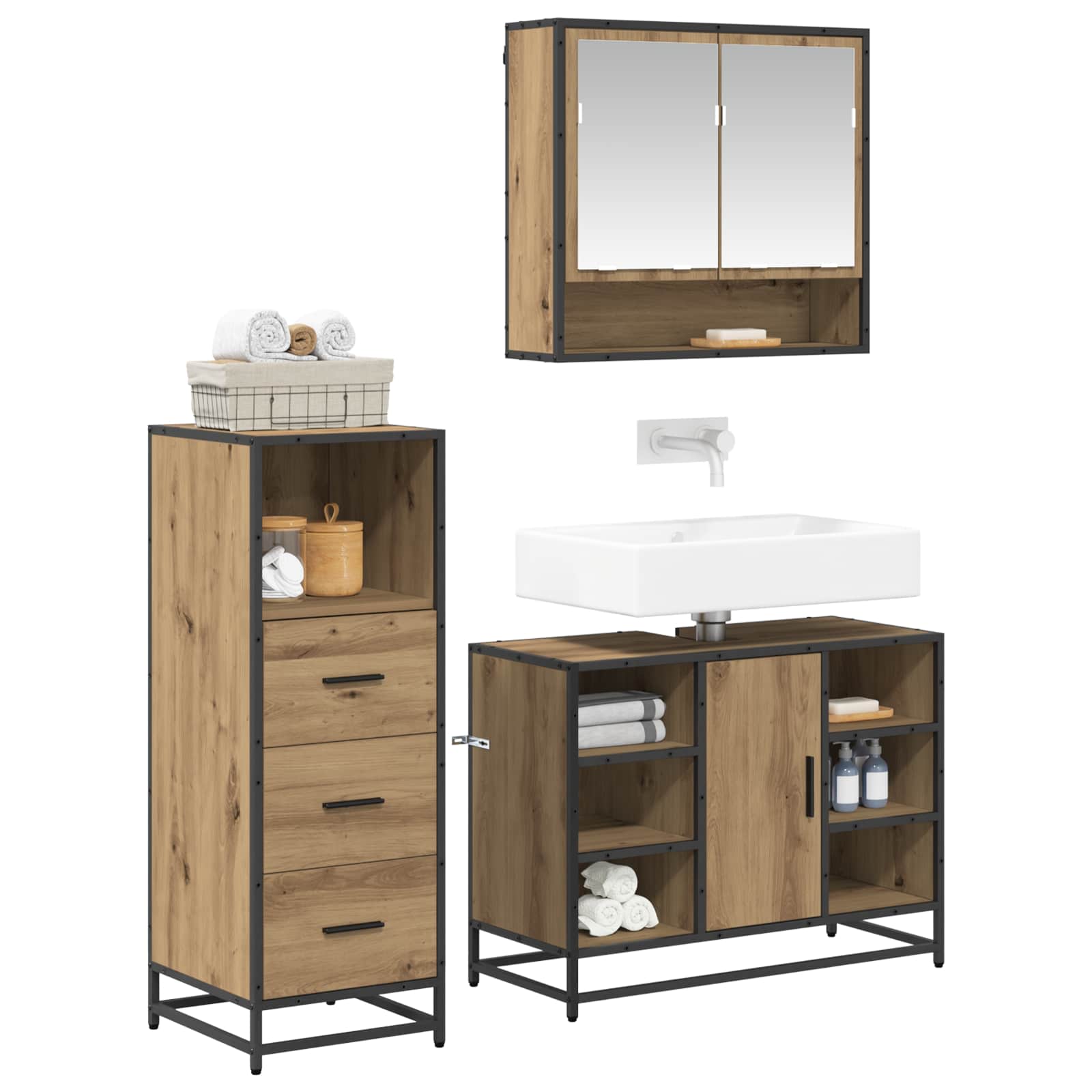 Badezimmermöbel-Set mit Regal 3 pcs Artisan-Eiche Holzwerkstoff