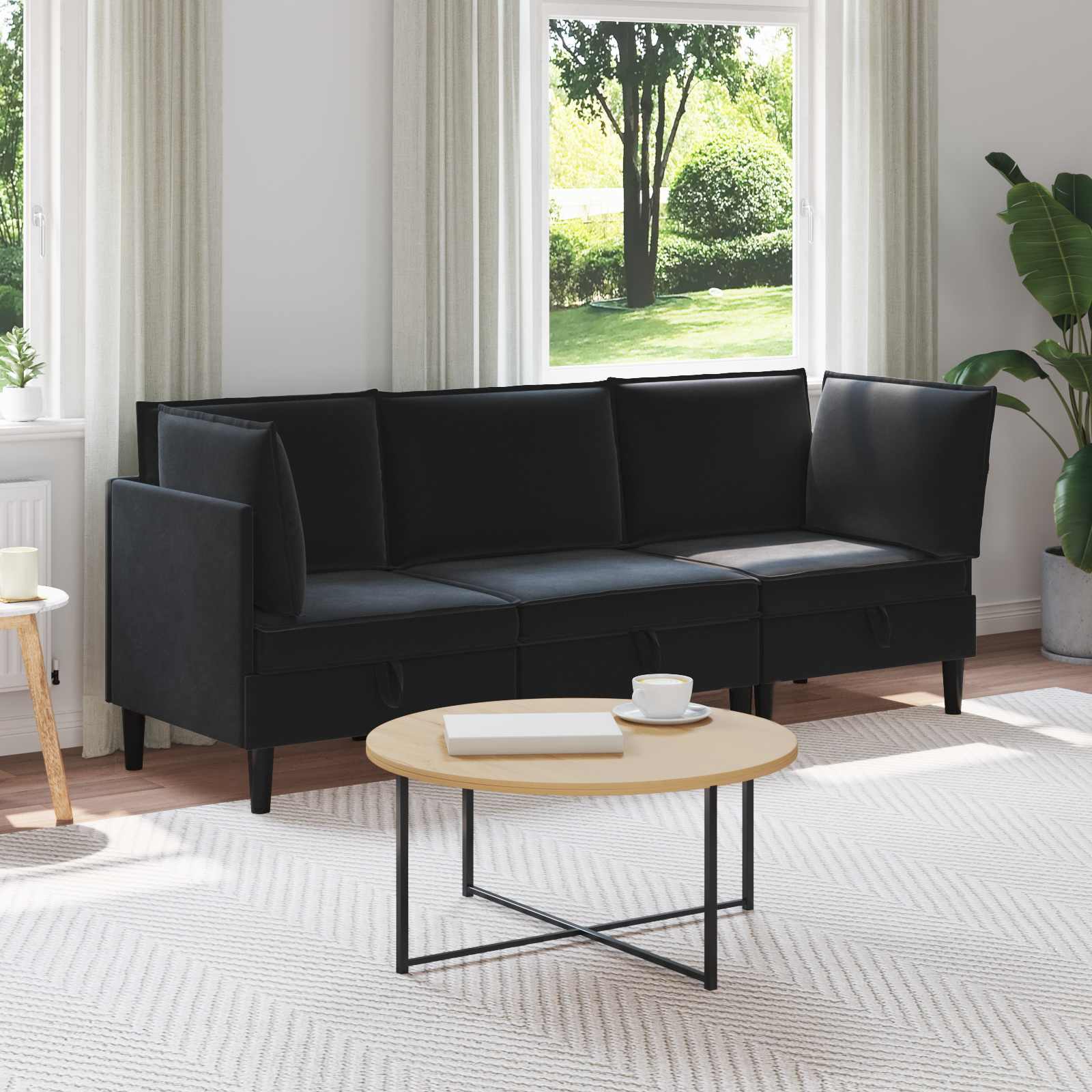 Wohnzimmergarnitur mit Kissen mit Speicher 3 pcs Schwarz Samt