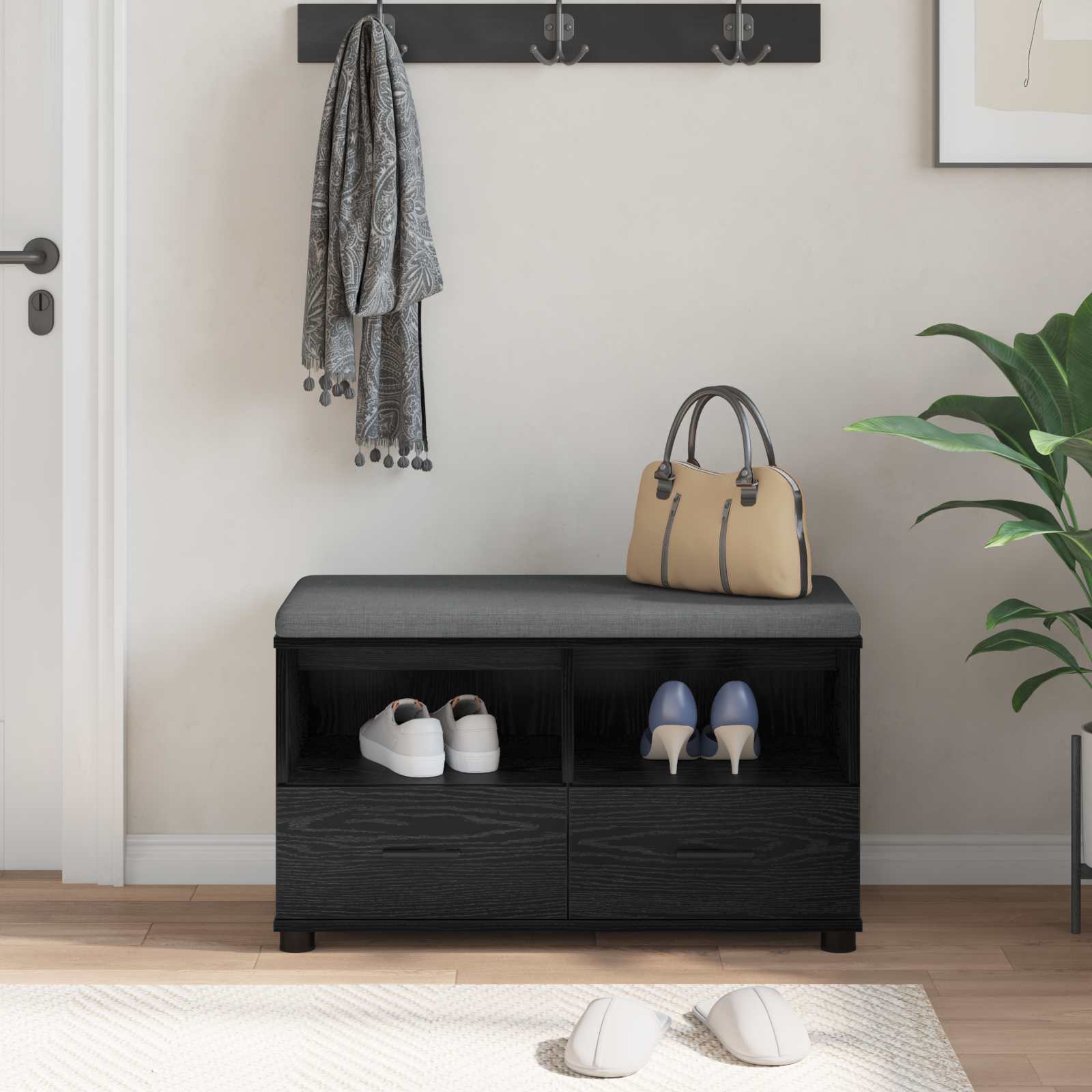 Flurbank mit Kissen mit Regal Schwarze Eiche 80 x 38 x 46 cm