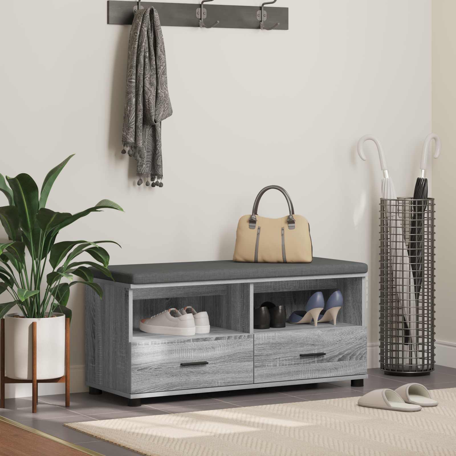 Flurbank mit Kissen mit Regal Graues Sonoma 100 x 38 x 46 cm