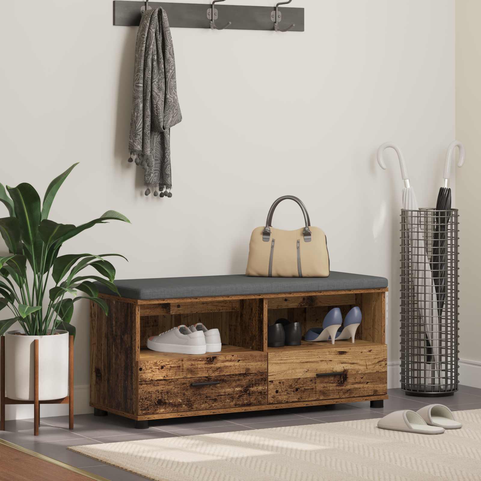 Flurbank mit Kissen mit Schubladen Altholz 100 x 38 x 46 cm