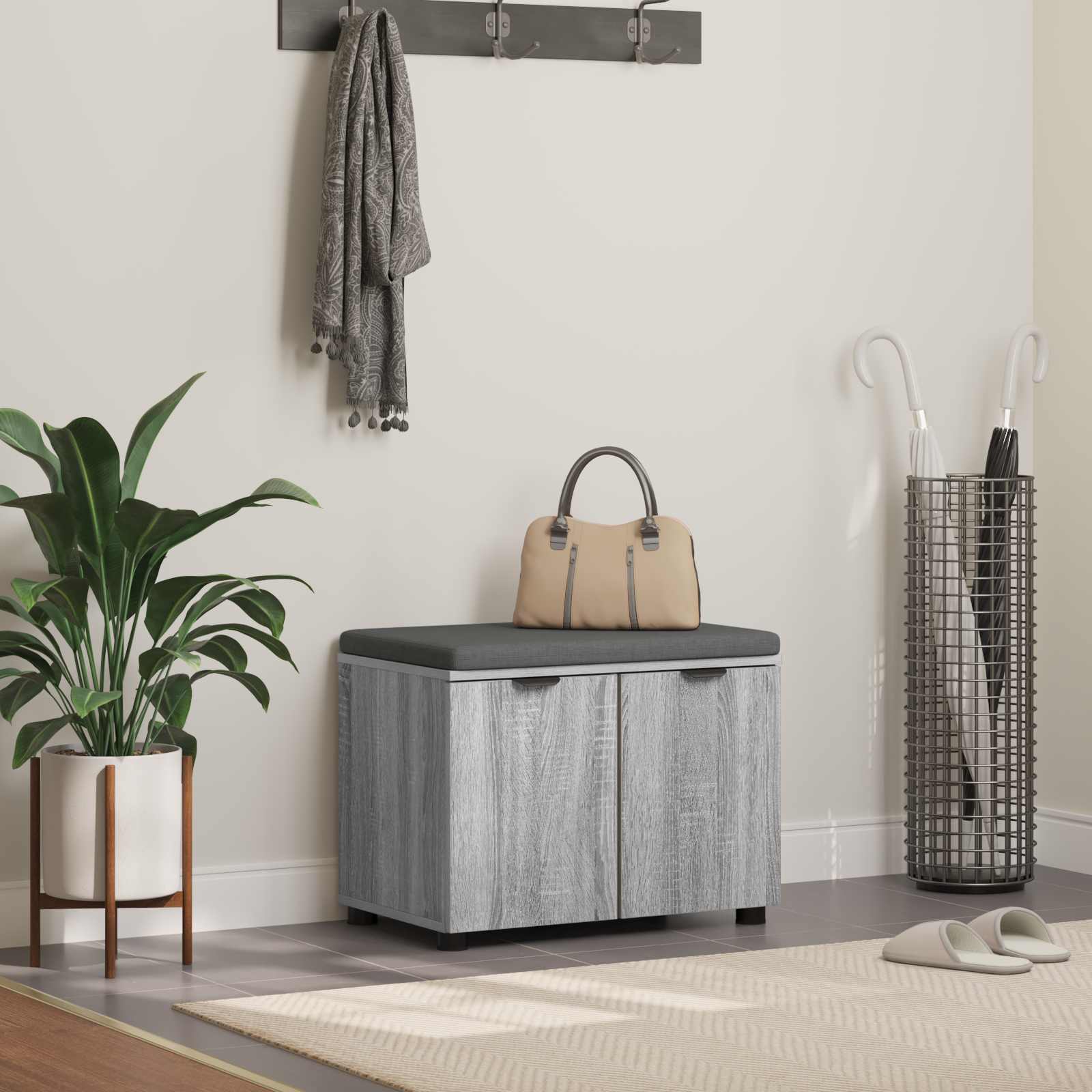 Flurbank mit Kissen mit Regal Graues Sonoma 60 x 38 x 46 cm