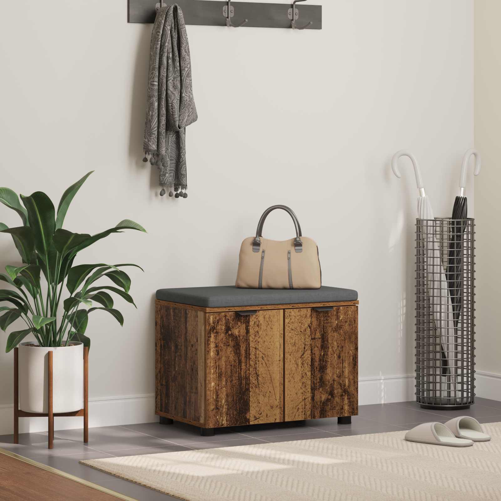 Flurbank mit Kissen mit Regal mit Tür Altholz 60 x 38 x 46 cm
