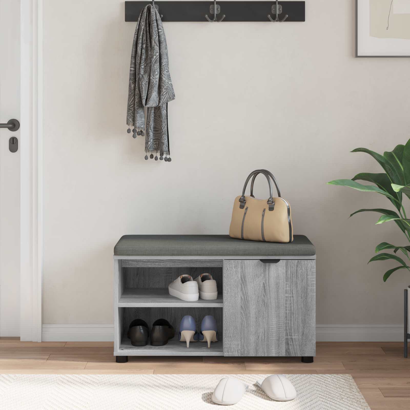 Flurbank mit Kissen mit Regal Graues Sonoma 80 x 38 x 46 cm
