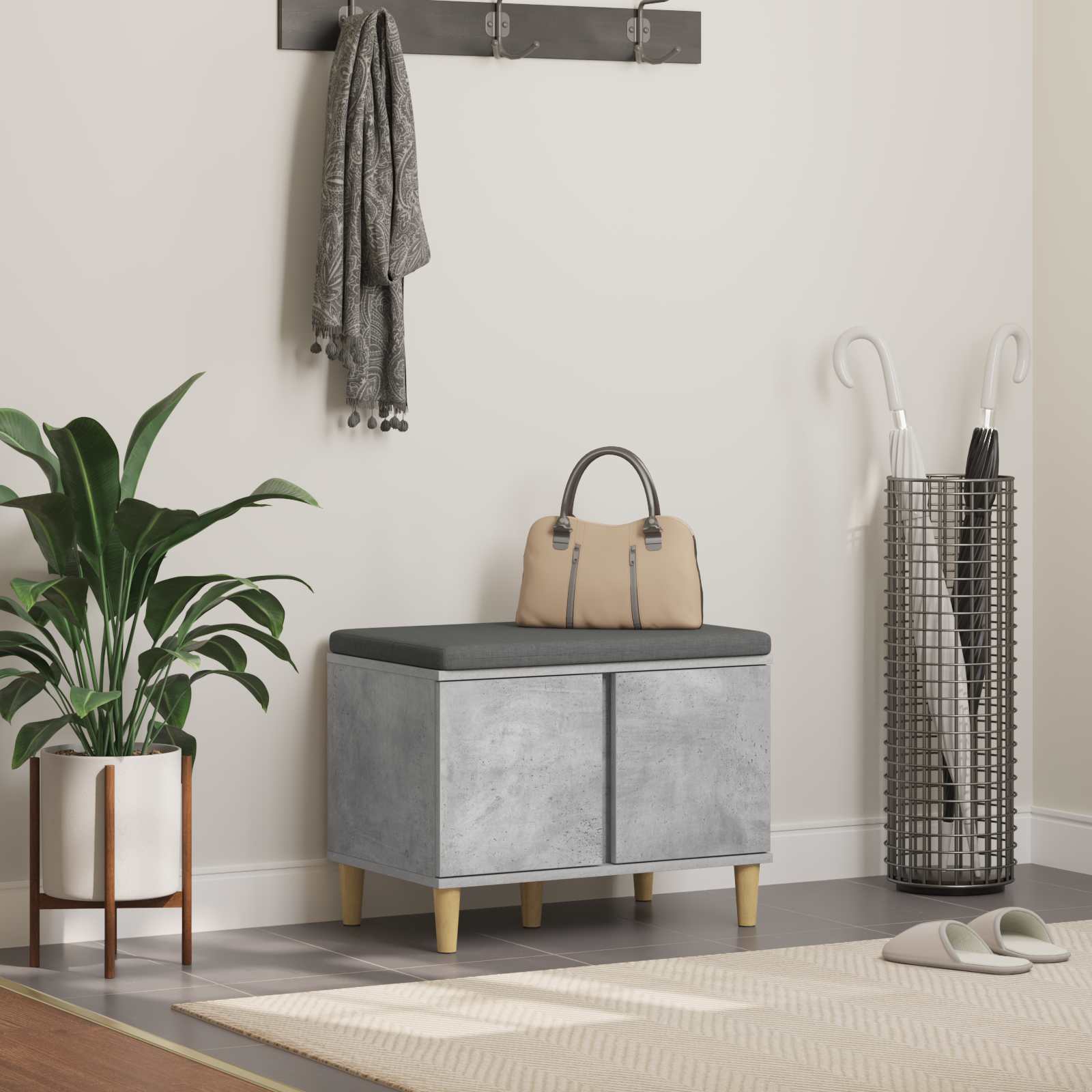 Flurbank mit Kissen mit Speicher Betongrau 60 x 38 x 46 cm