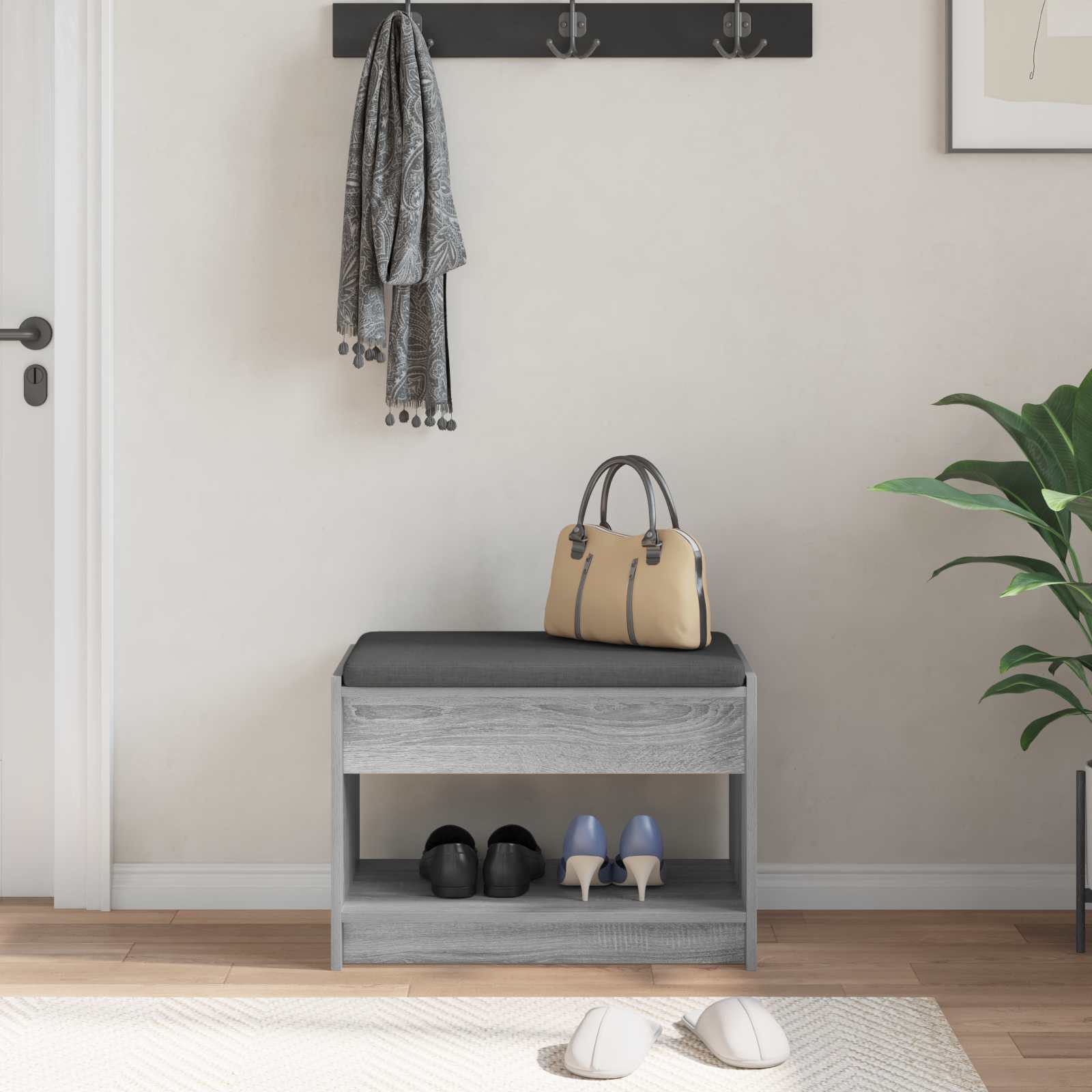 Flurbank mit Kissen mit Regal Graues Sonoma 63 x 38 x 45 cm