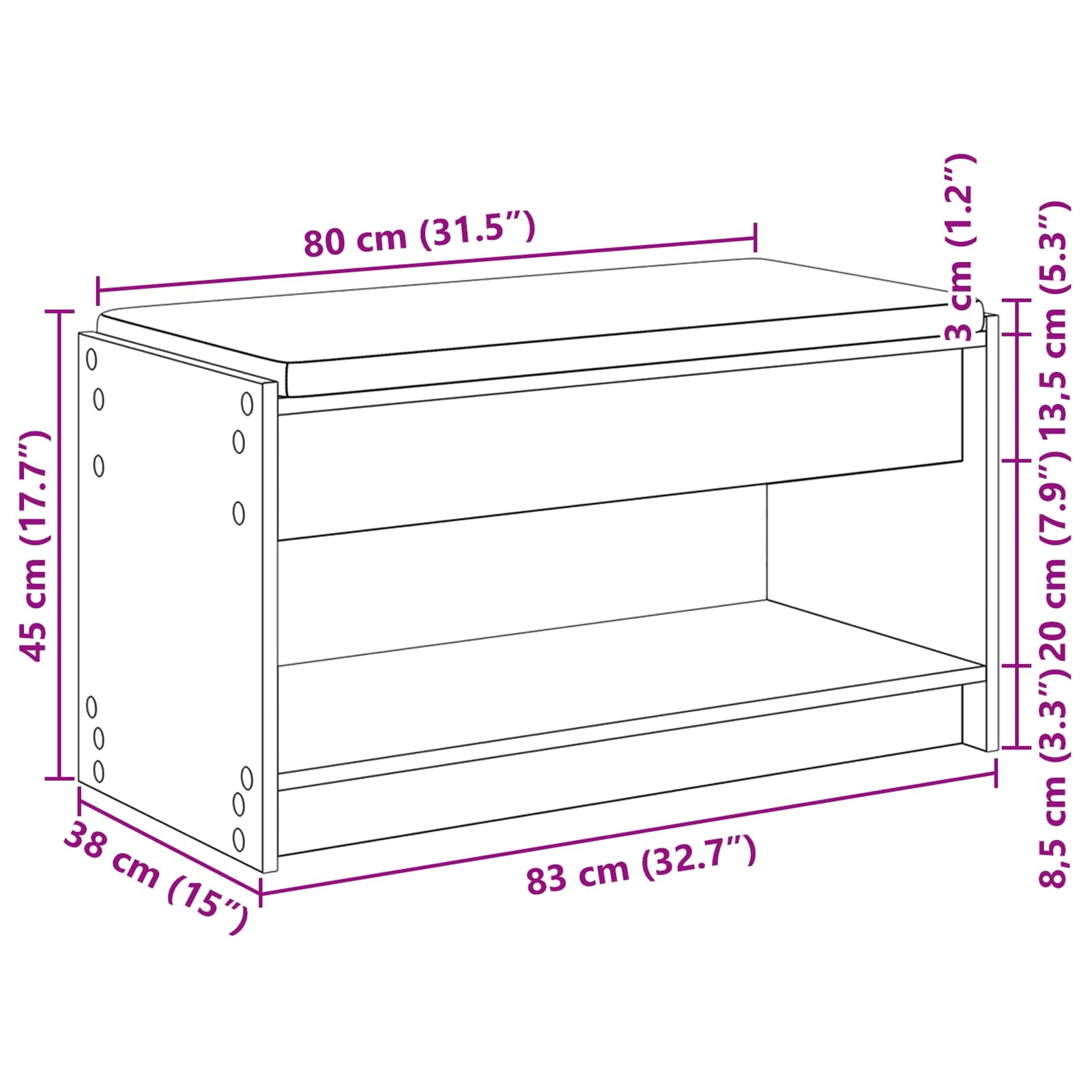 Flurbank mit Kissen mit Regal Altholz 83 x 38 x 45 cm
