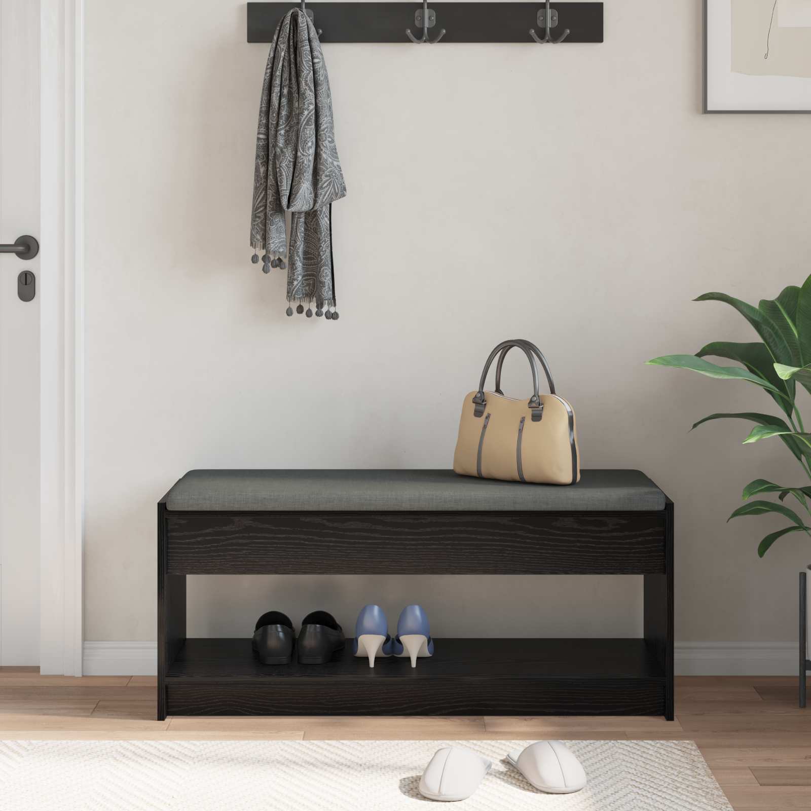 Flurbank mit Kissen mit Regal Schwarze Eiche 103 x 38 x 45 cm
