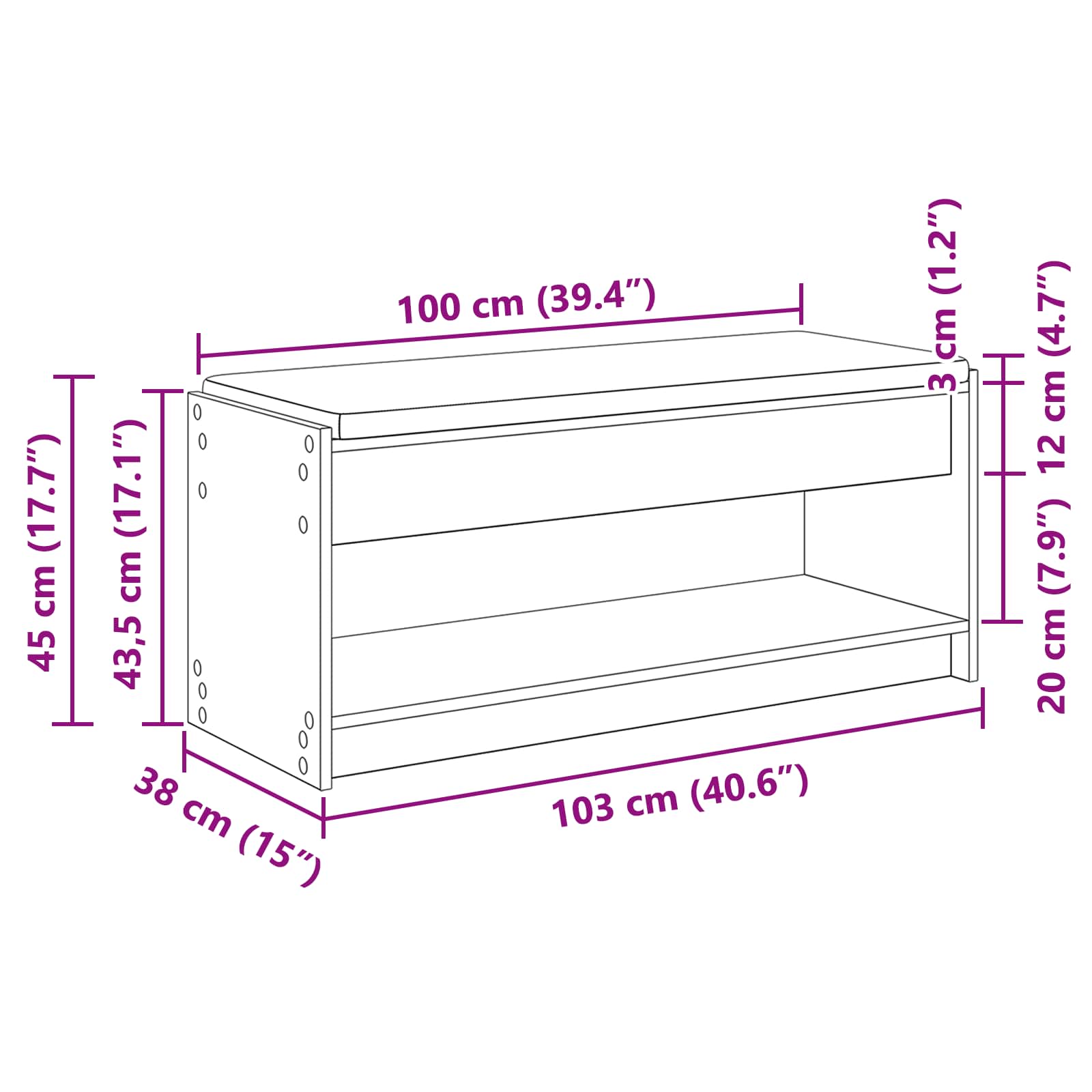 Flurbank mit Kissen mit Regal Schwarze Eiche 103 x 38 x 45 cm