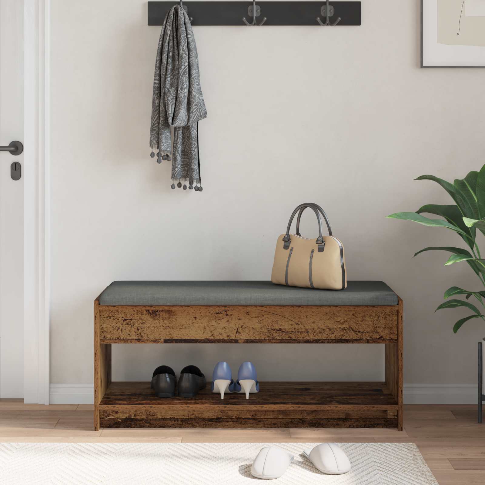 Flurbank mit Kissen mit Regal Altholz 103 x 38 x 45 cm