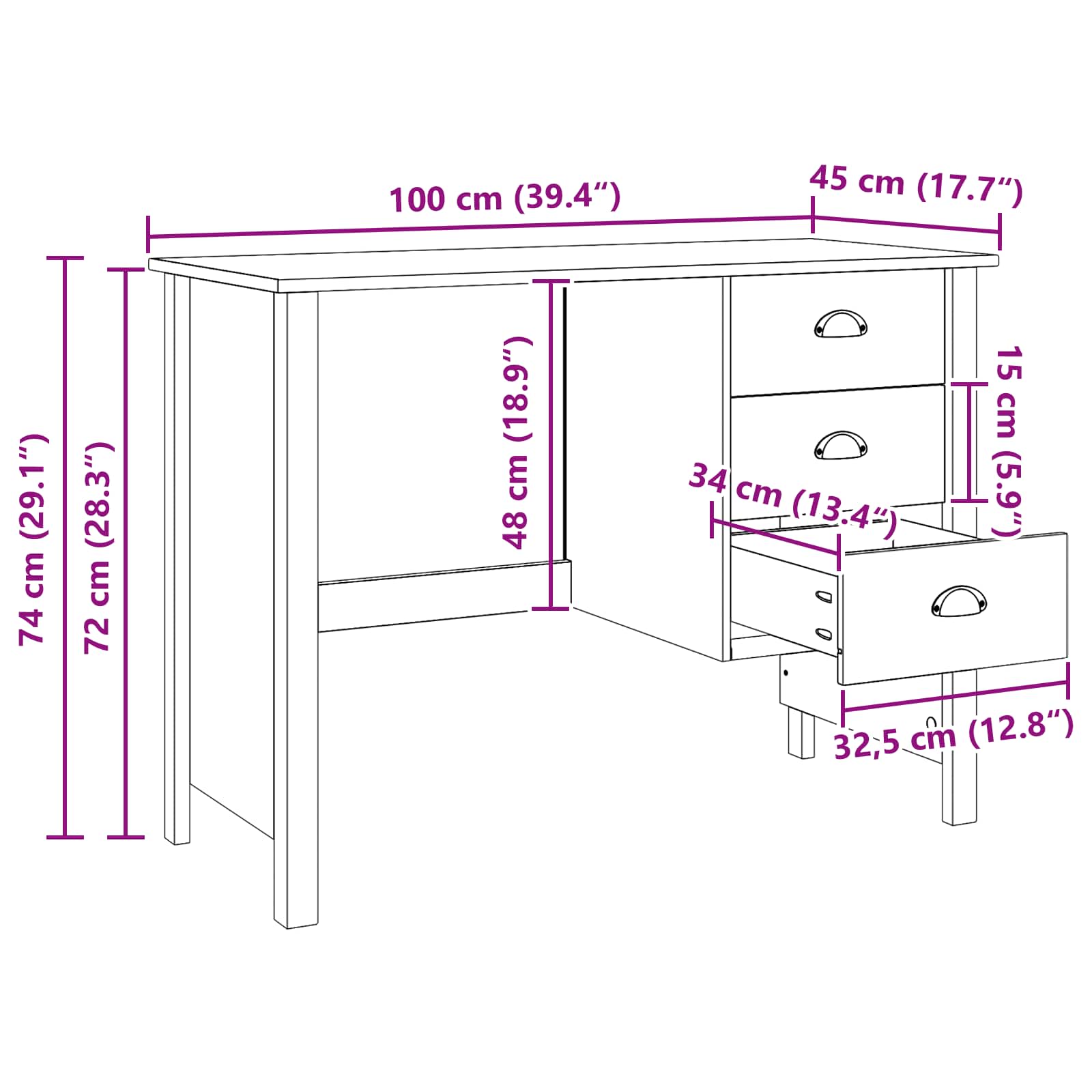 Schreibtisch mit Schubladen HILL Honigbraun 100 x 45 x 74 cm