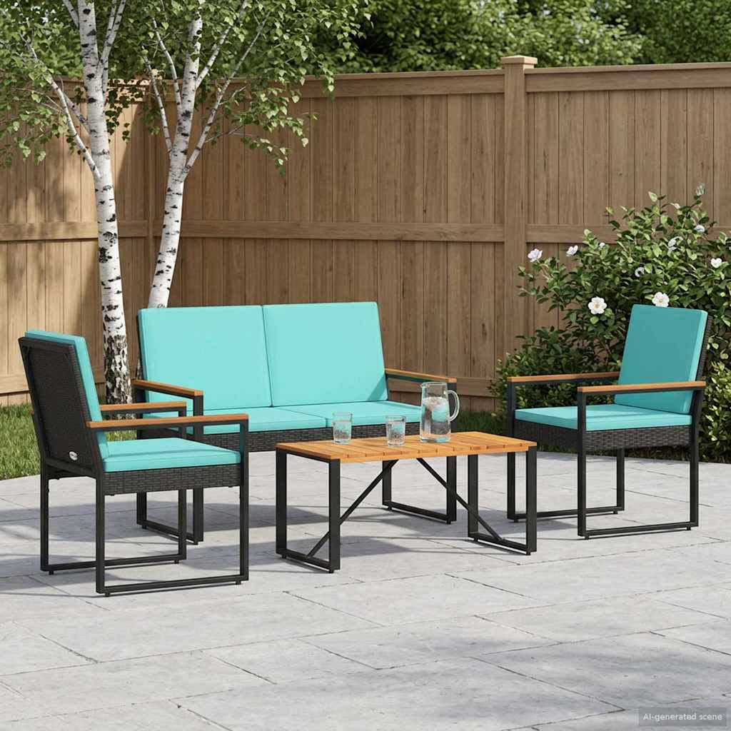 Gartenmöbel Set mit Kissen 4 pcs Schwarz und Türkis Poly-Rattan