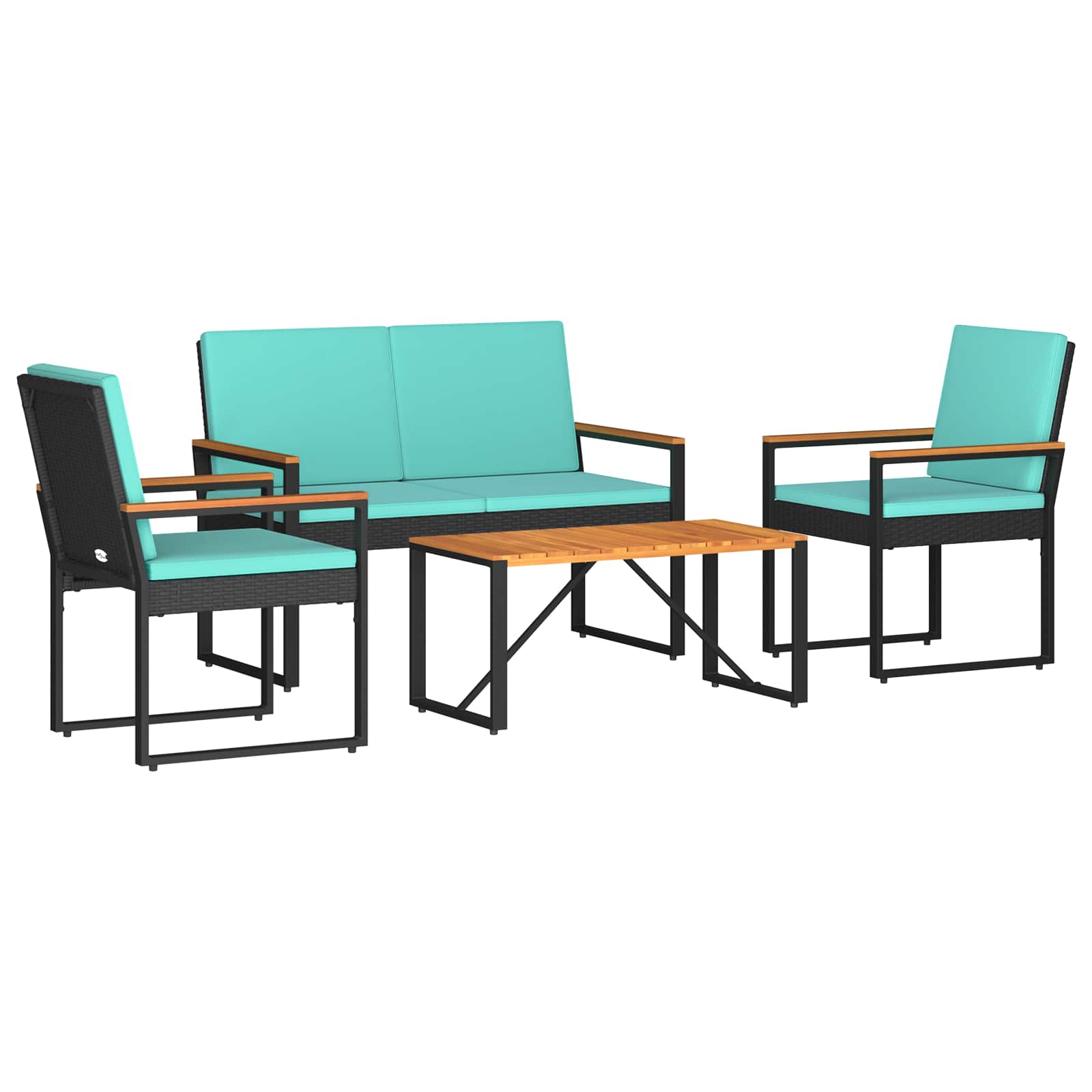 Gartenmöbel Set mit Kissen 4 pcs Schwarz und Türkis Poly-Rattan