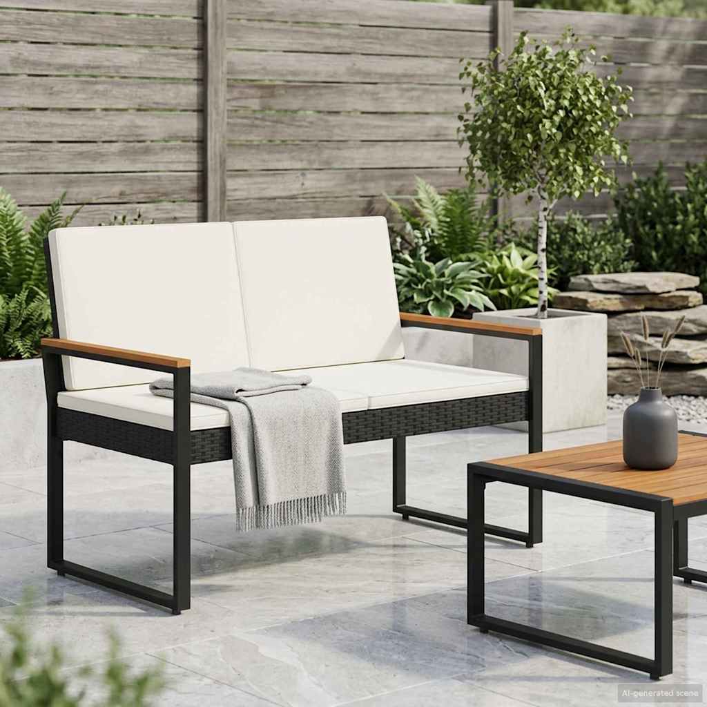 Bank Outdoor Schwarz und Cremeweiß 107 x 61 x 80 cm Poly-Rattan