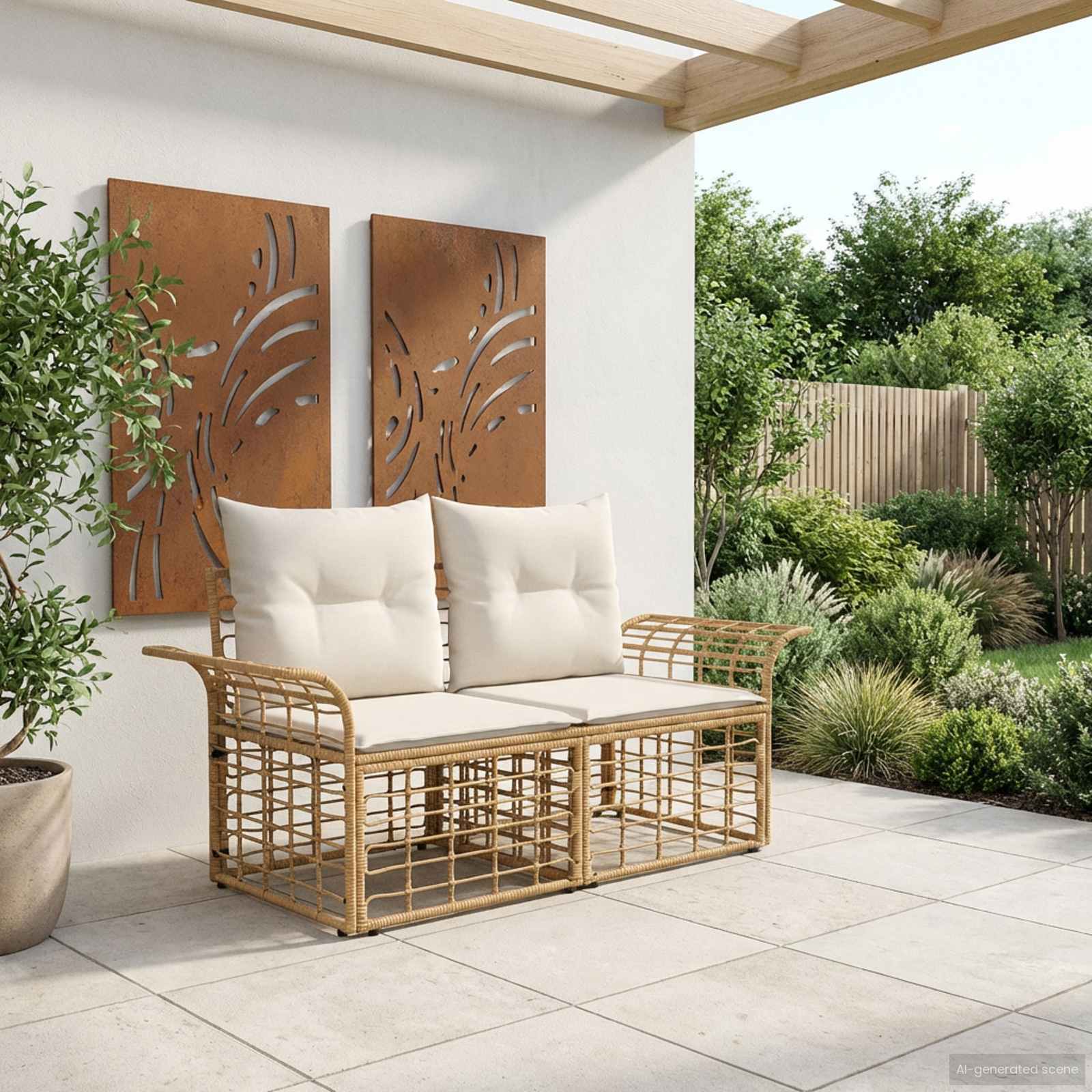 Outdoor-Lounge 2 pcs Natürlich und Cremweiß Poly-Rattan