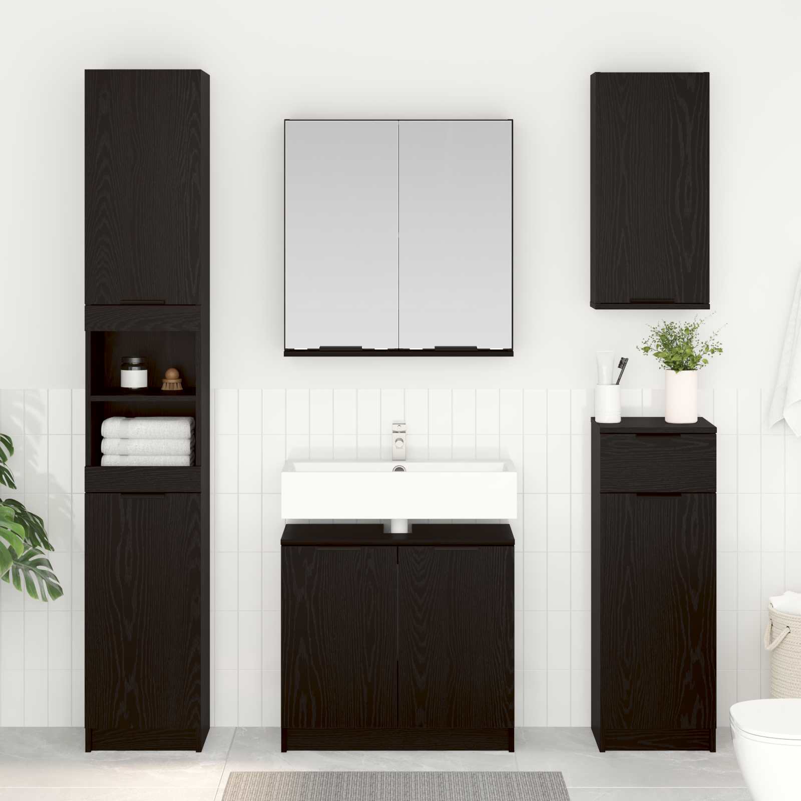 Badezimmermöbel-Set 5 pcs Schwarz Eichen-Optik Holzwerkstoff