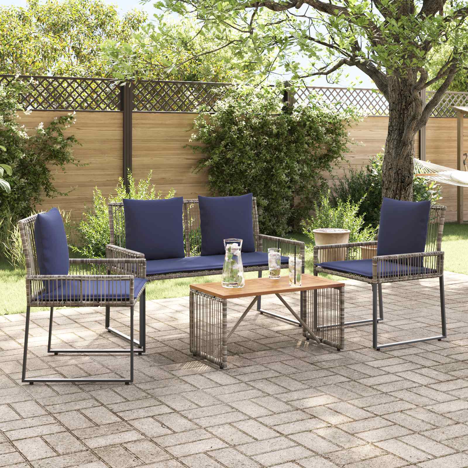 Gartenmöbel Set 9 pcs Grau und Marineblau Poly-Rattan