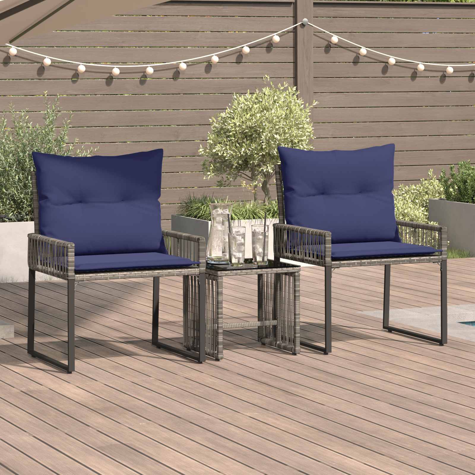 Gartenmöbel Set 7 pcs Grau und Marineblau Poly-Rattan