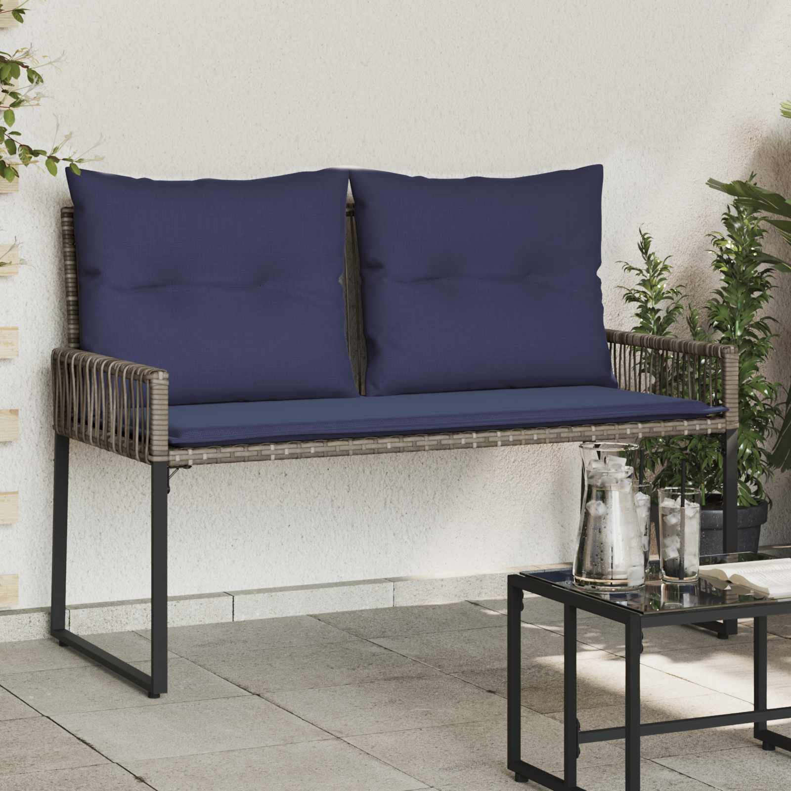 Bank Outdoor mit Kissen 4 pcs Grau und Marineblau Poly-Rattan