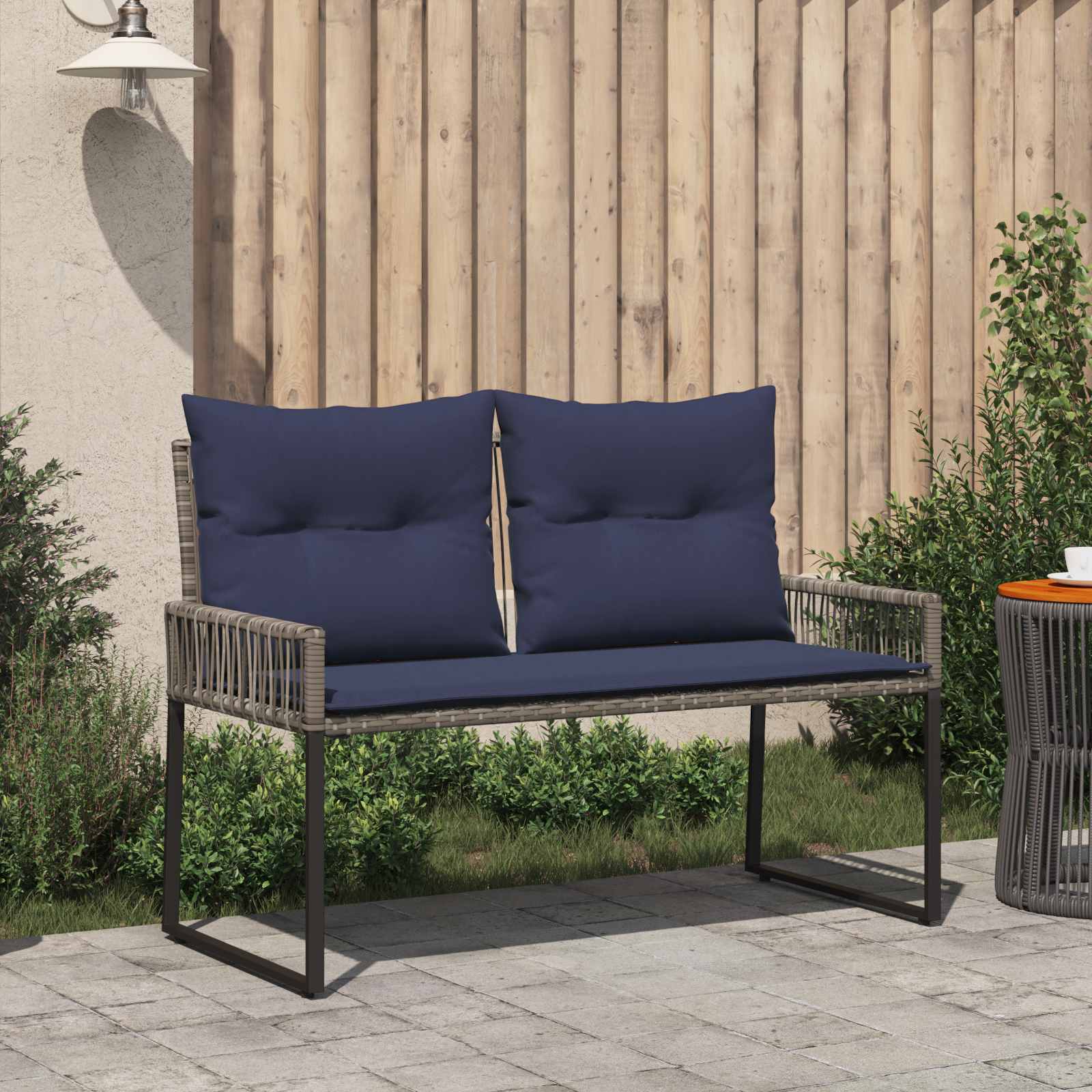 Bank Outdoor mit Kissen 4 pcs Grau und Marineblau Poly-Rattan