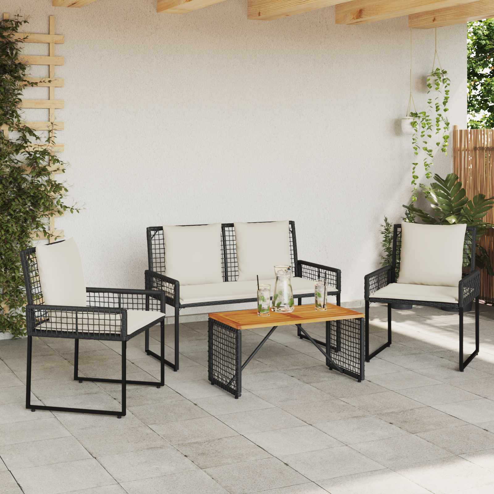 Gartenmöbel-Set mit Kissen 4 pcs Schwarz und Cremeweiß