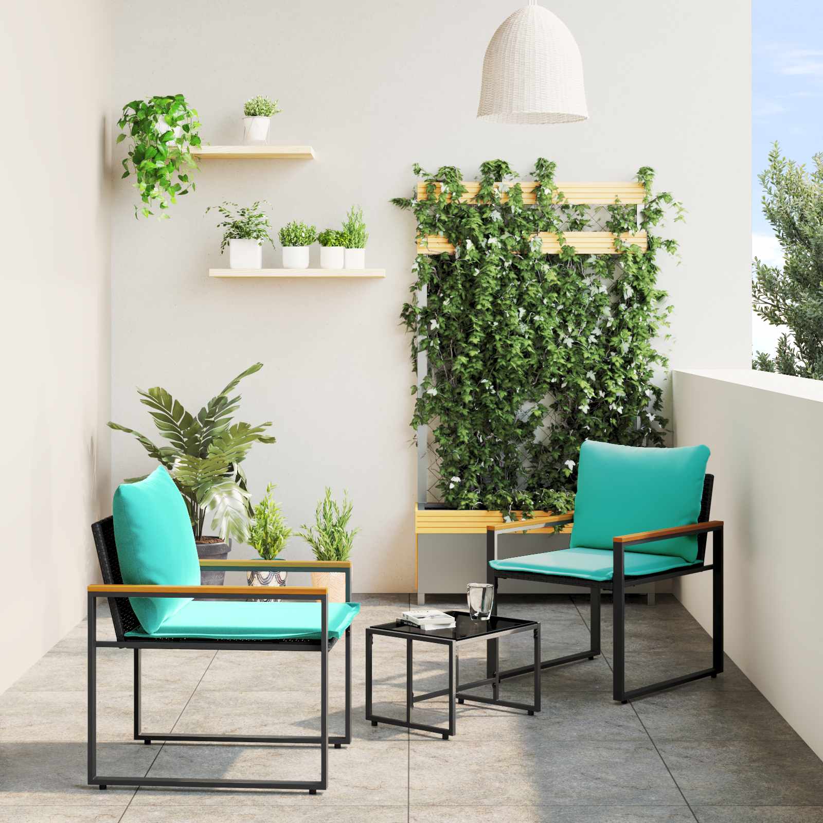 Möbelsets mit Kissen 3 pcs Schwarz und Türkis Rattan