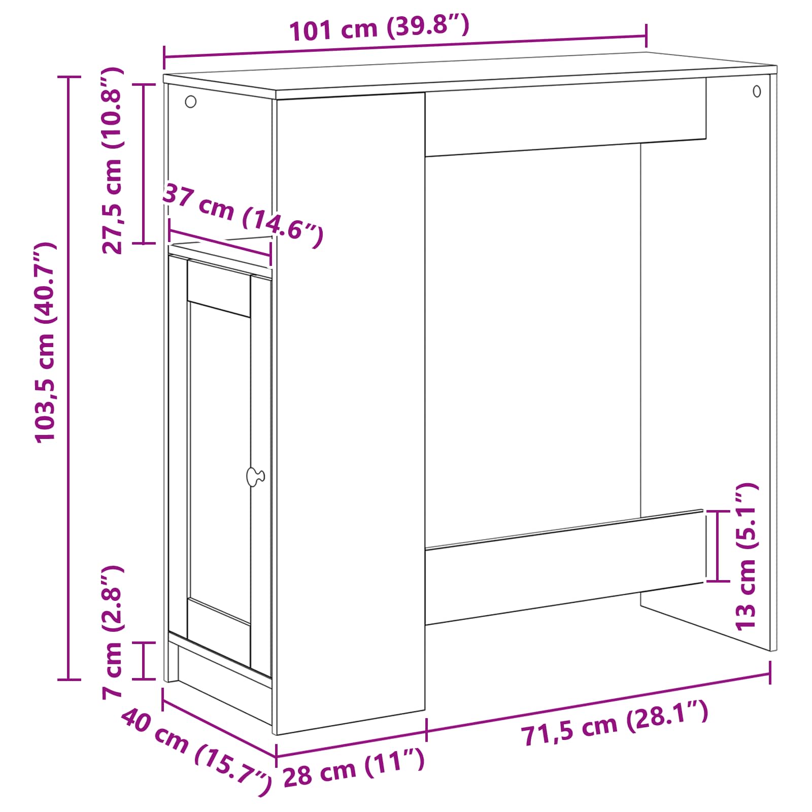 Bartisch Schwarz Eichen-Optik 101 x 40 x 103,5 cm Holzwerkstoff