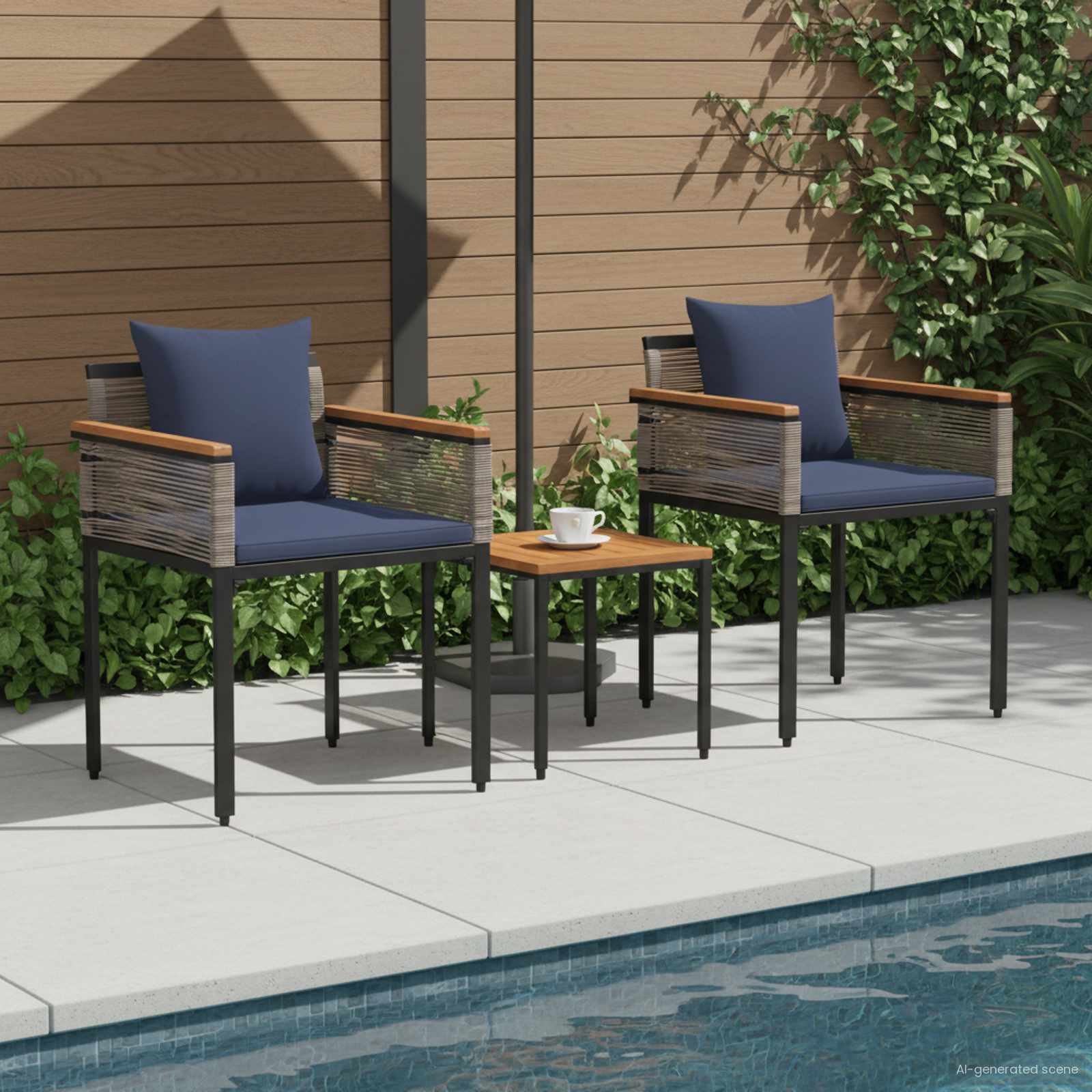 Gartenmöbel Set mit Kissen Grau und Marineblau Poly-Rattan