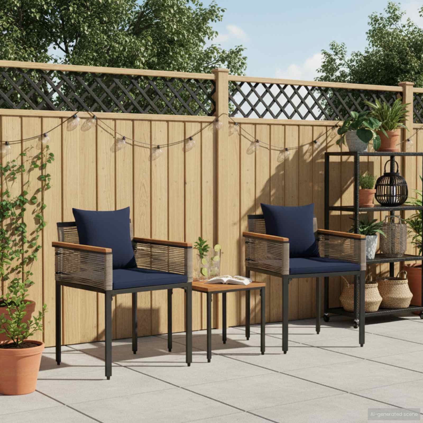 Gartenmöbel Set mit Kissen Grau und Marineblau Poly-Rattan