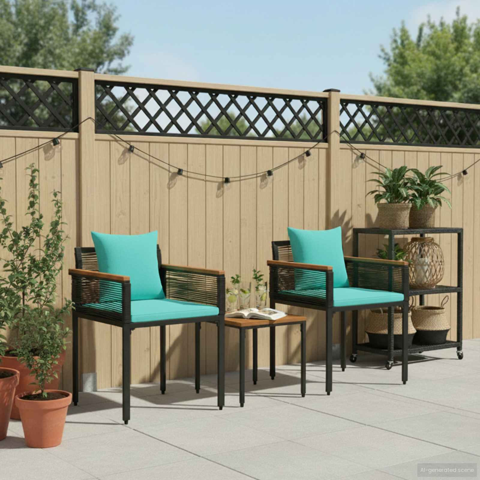 Gartenmöbel Set mit Kissen Schwarz und Türkis Poly-Rattan
