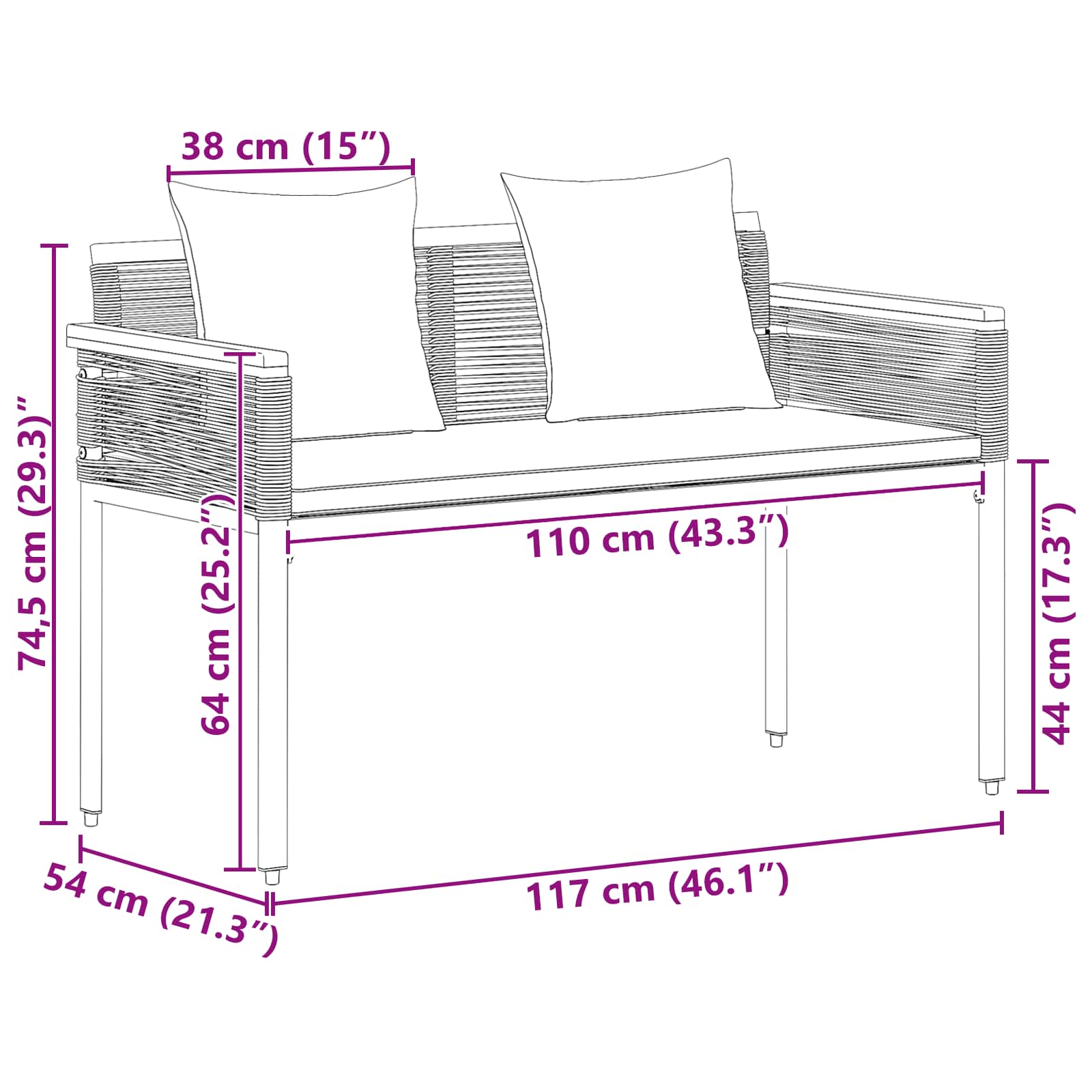 Bank Outdoor mit Kissen Schwarz 117 x 54 x 74,5 cm Poly-Rattan