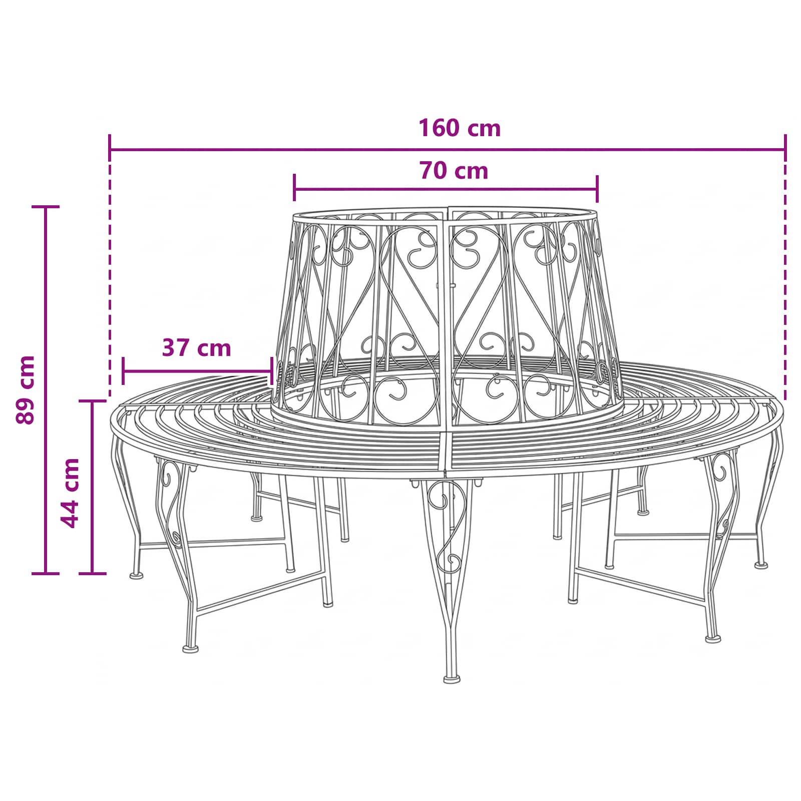 Baumbank 8-Sitzanzahl Ø 160 x 89 cm Stahl Antik Weiß Rund