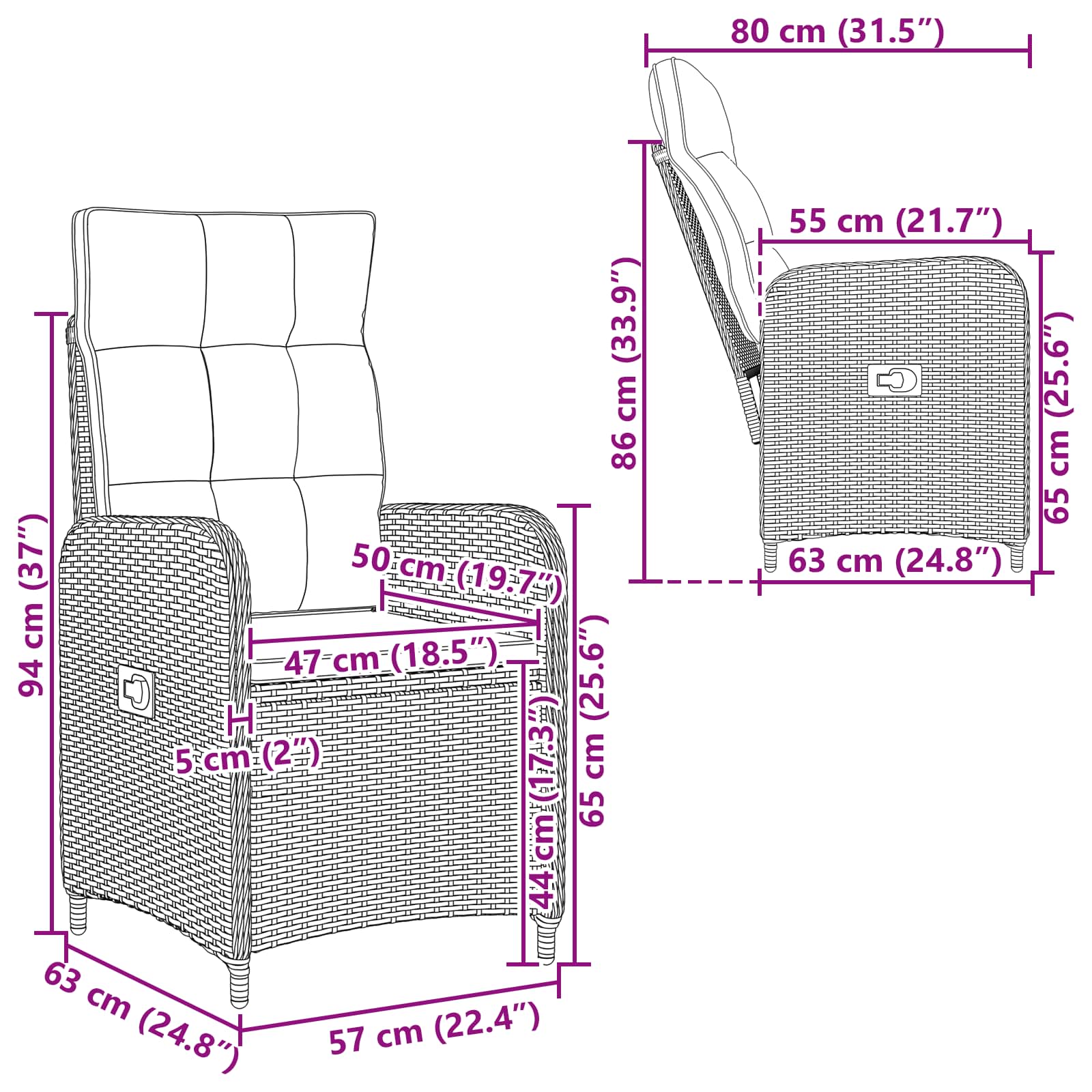 Verstellbarer Gartenstuhl Schwarz Poly-Rattan