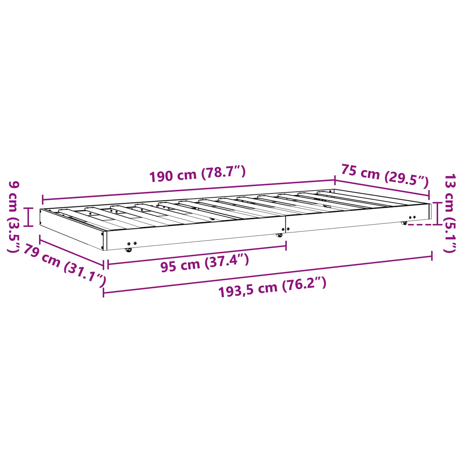 Bettrahmen Wachsbraun 70 x 190 cm Massives Kiefernholz