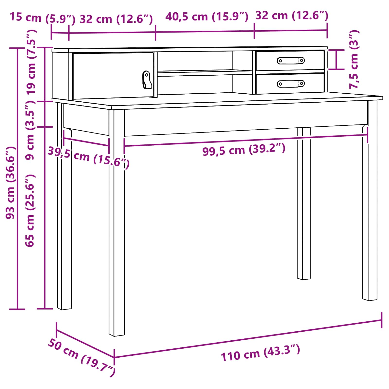 Schreibtisch Wachsbraun 110 x 50 x 93 cm Massives Kiefernholz